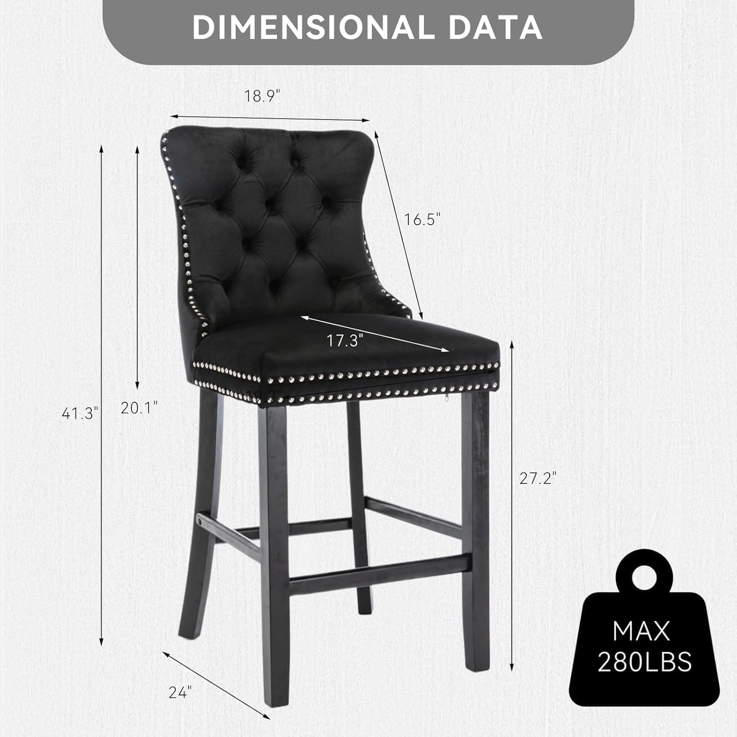 Elegant Black Velvet Bar Stools Set of 4,Delicate Upholstered Counter Height Barstool with Backrest,Wooden Legs Design for Kitchen Islands & Pubs（Black