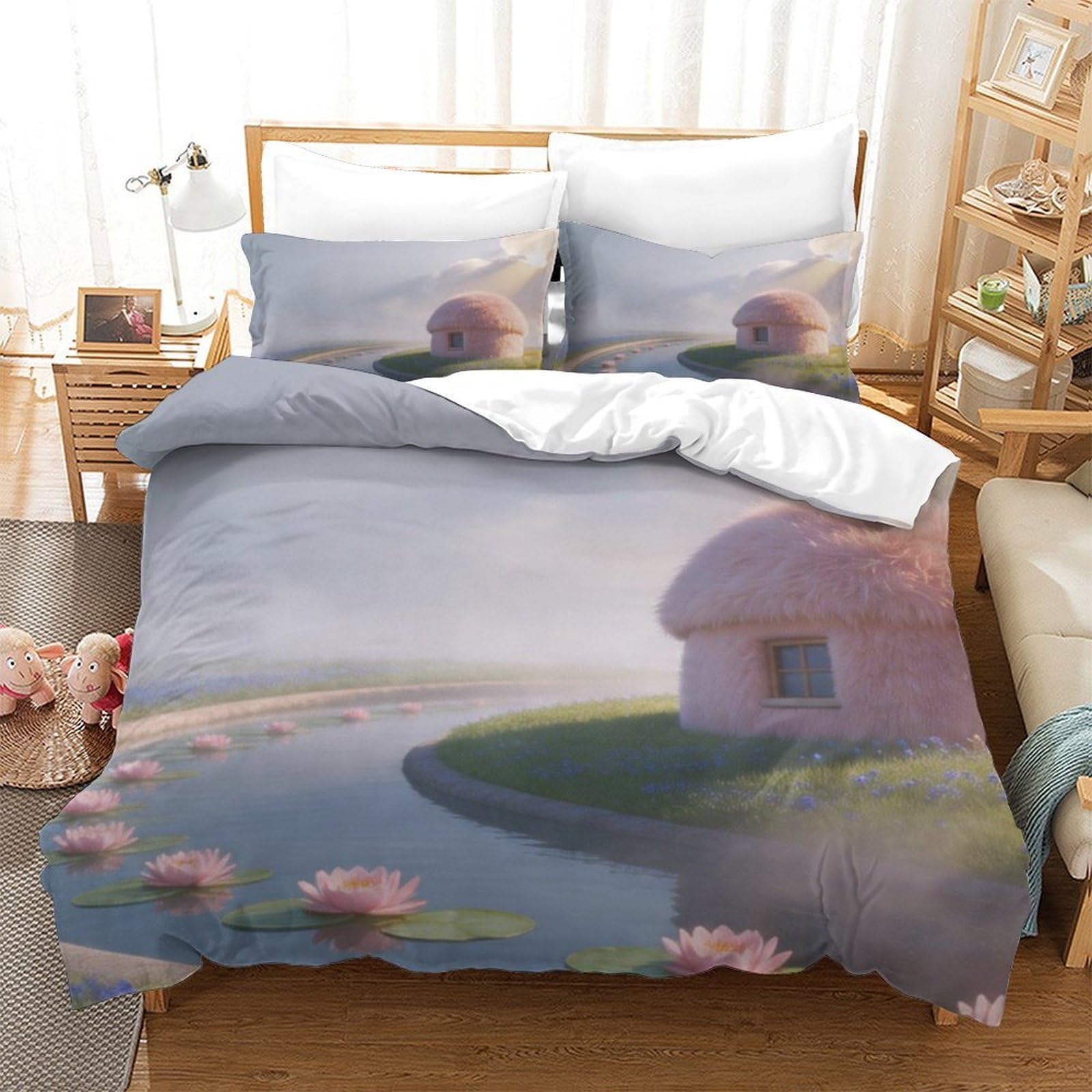 Parure de Lit Paysage Jardin Lac Maison avec Housse de Couette Microfibre 220x240