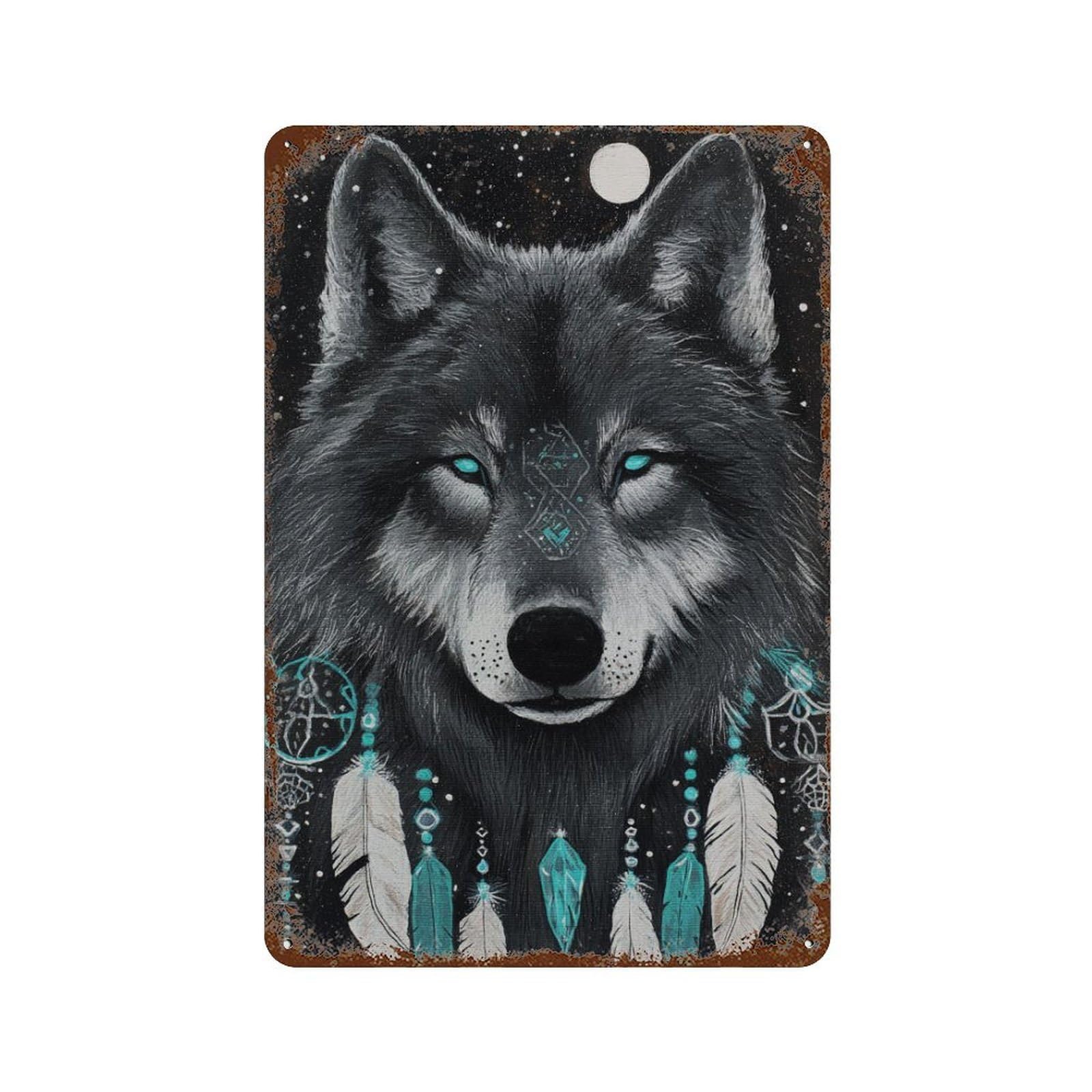 Garage Style Wolf Dreamcatcher Wall Art Print Vintage Metal Tin Sign 11.8"x7.9", Industrial Home Decor for Bar And Workshop