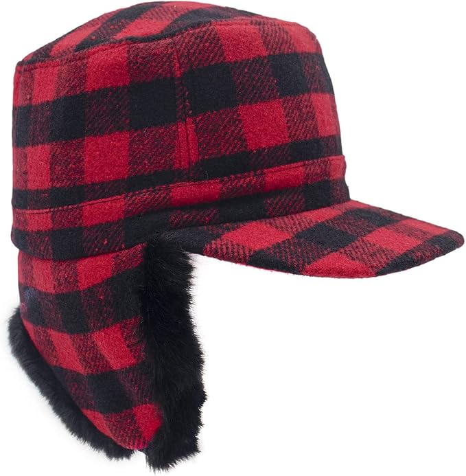 Red Plaid Trapper Faux Fur Aviator Hat 