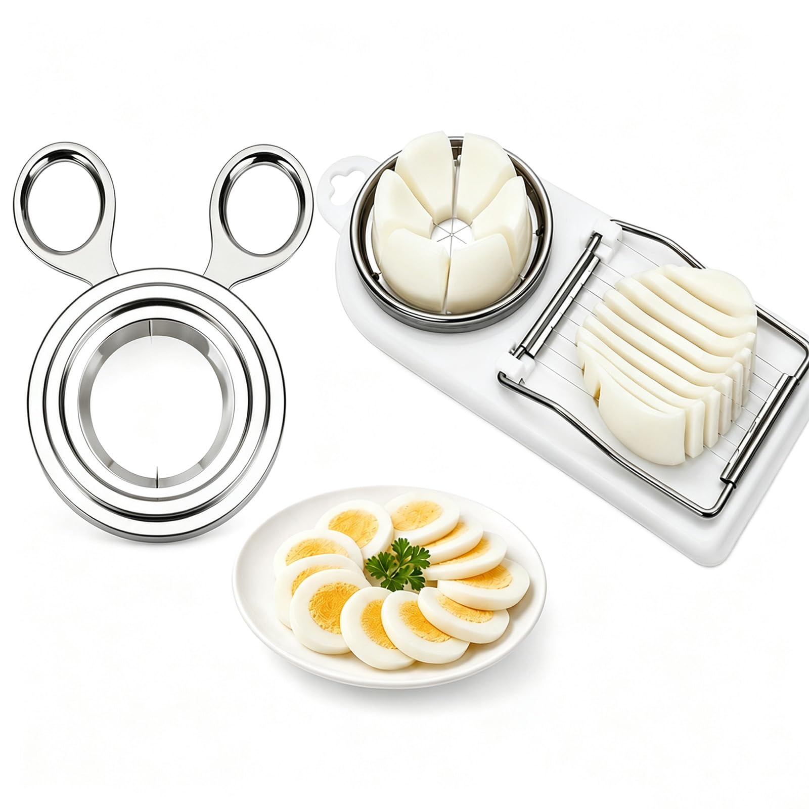 2PC Boiled Egg Cutter, Egg Cutter for Boiled Eggs, Efficient Egg Peeler, Includes 1 Egg Opener and 1 Egg Slicer, Professional Kitchen Gadget for Breakfast Preparation, Salad Garnish, and Baking Needs