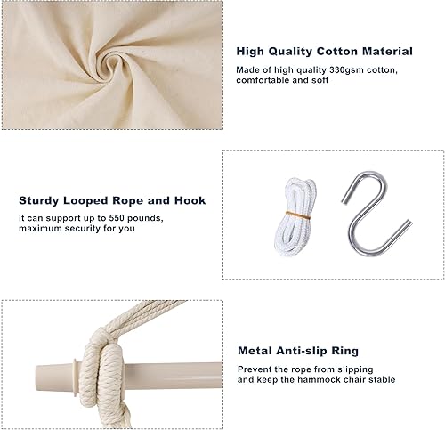 Miniatura 2 de Silla hamaca colgante de cuerda con soporte para reposapiés, 2 cojines incluidos, máximo 500 libras, barra separadora de acero resistente y segura