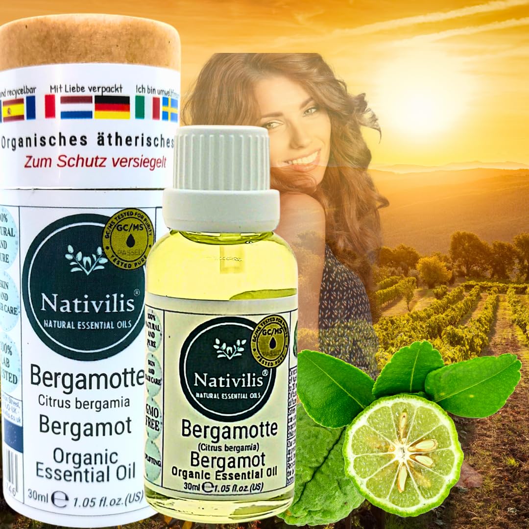 Nativilis - Juego de aceites esenciales orgánicos – Ylang-ylang, geranio, neroli, naranja dulce y bergamota, 5 x 30 ml, aromaterapia floral y cítrica para relajación y bienestar