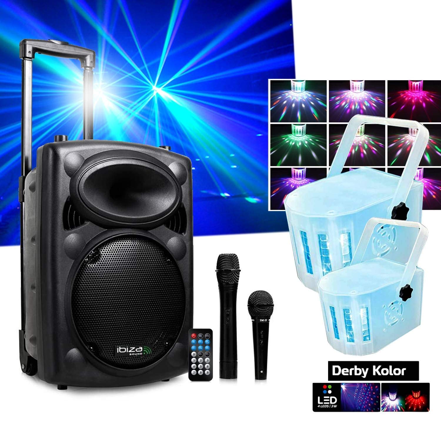 Enceinte Active DJ 500W USB/MP3 Ibiza PORT10VHF-BT + 2 Mini Derby Kolor RVB Sono DJ PA Fete Soiree