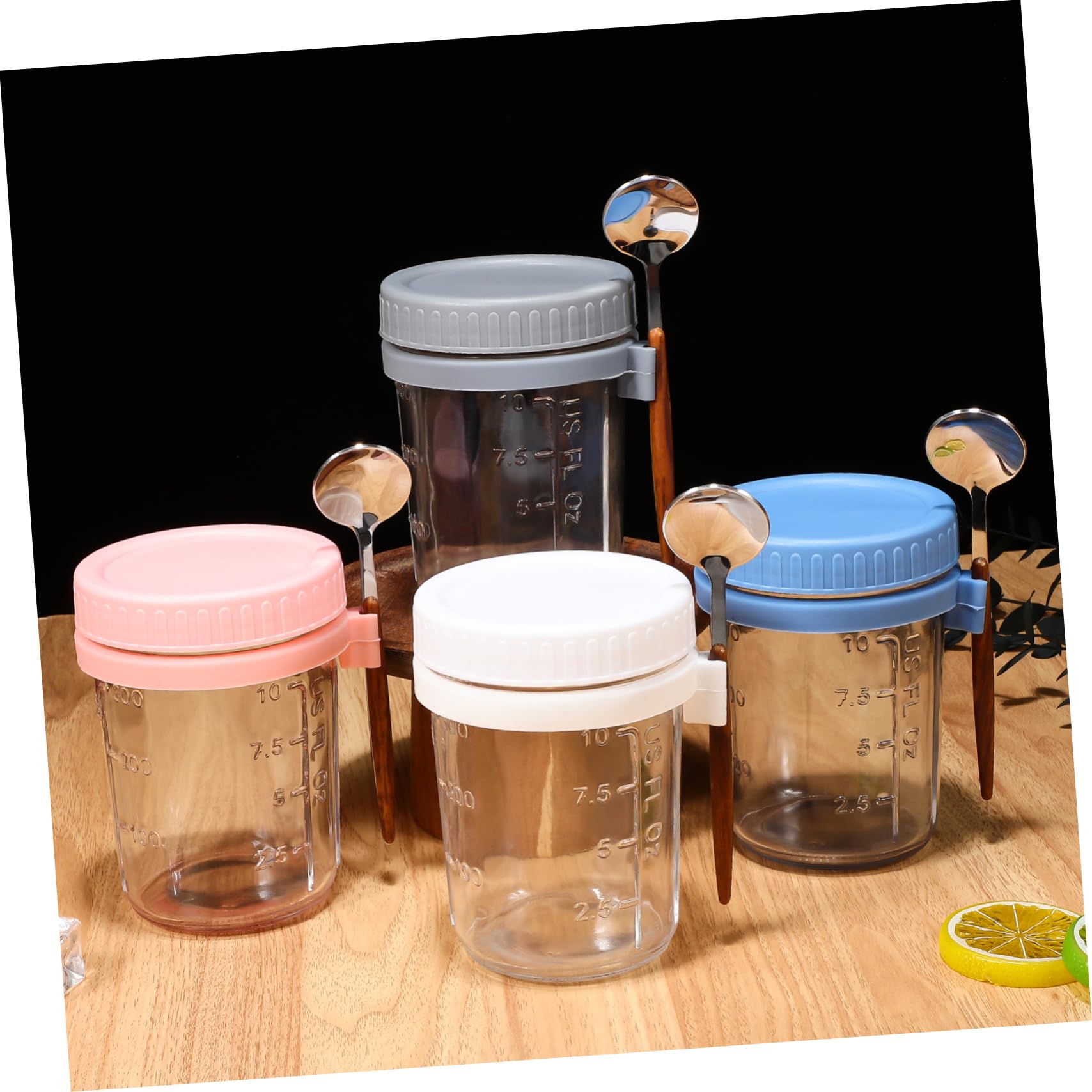 4 Stück Overnight Oats Behälter aus Glas 400ml mit Deckel und Löffel Vorratsdose Glas mit Holzdeckel Luftdicht für Küche und Dorm