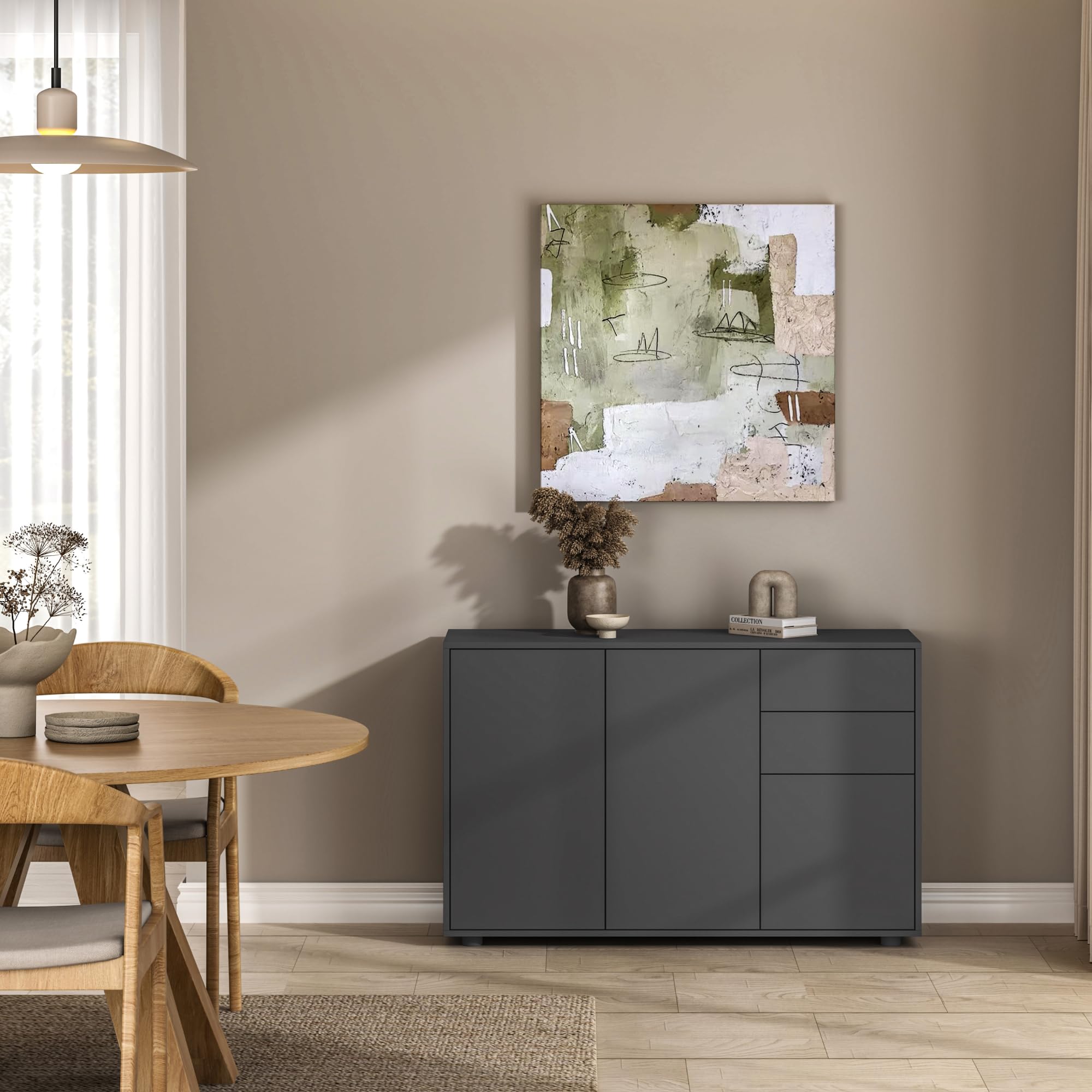 [en.casa] Aparador Paarl Cómoda Armario Bajo 74 x 117 x 36 cm con 2 Cajones y 3 Puertas Organizador de Oficina Sideboard Cajonera Multiusos Mueble Auxiliar Sin Mango - Gris Oscuro Mate