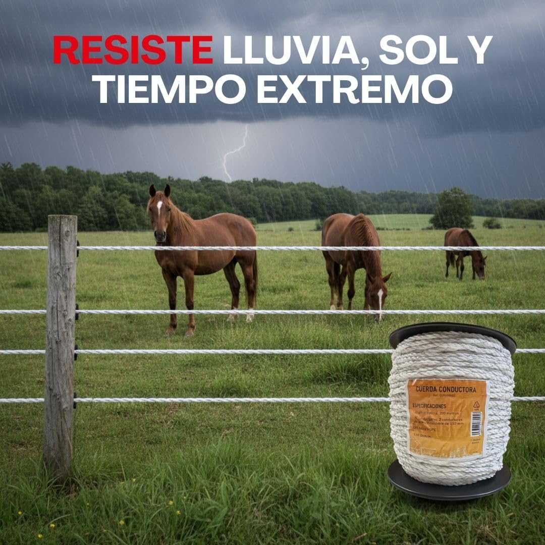 Llampec Cuerda Pastor Eléctrico 200 m x 6 mm – 2 Conductores Acero Inoxidable – Alta Resistencia y Conductividad – Cable Trenzado para Cercas Eléctricas de Caballos, Vacas y Perros – Bobina Pastor