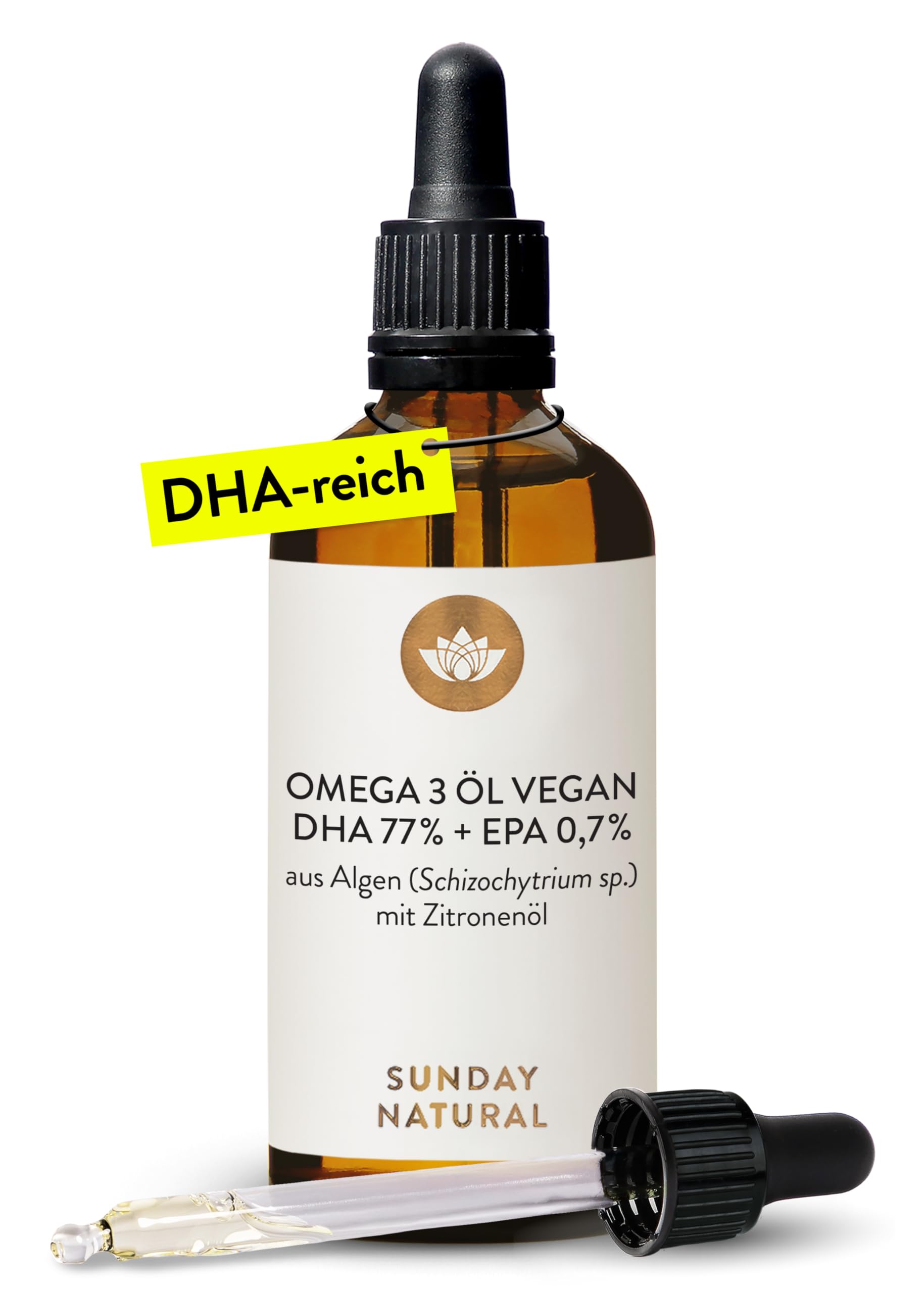 SUNDAY NATURAL® DHA Omega 3 Algenöl Vegan - Hochdosiert 1.000mg Omega 3 EPA DHA – 100ml – Natürlicher Zitronengeschmack – Triglycerid-Form – Laborgeprüft, ohne unnötige Zusätze