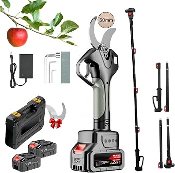 Electric Pruning Shears with Extension Pole, 2 * 4500 mAh Batteries/2*Blade, Pruning Diameter 40-45mm, 980W Brushless Motor, SK5 Blade Shears For Gardening