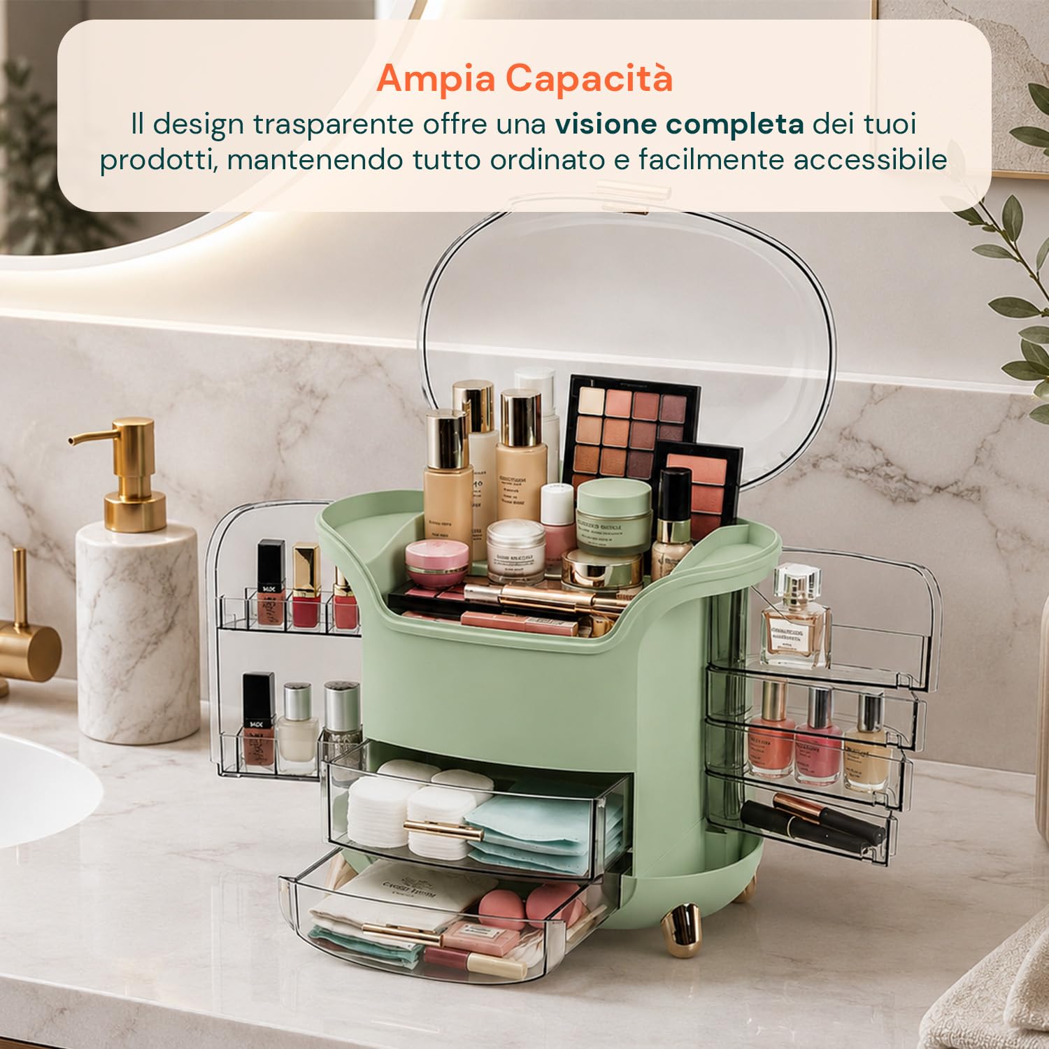 Wintem Porta Trucchi Rotante Trasparente Verde, Make Up Organizer con 2 Cassetti Girevoli a 90° e 2 Scomparti Laterali, Organizzatore Cosmetici Compatto da Toeletta