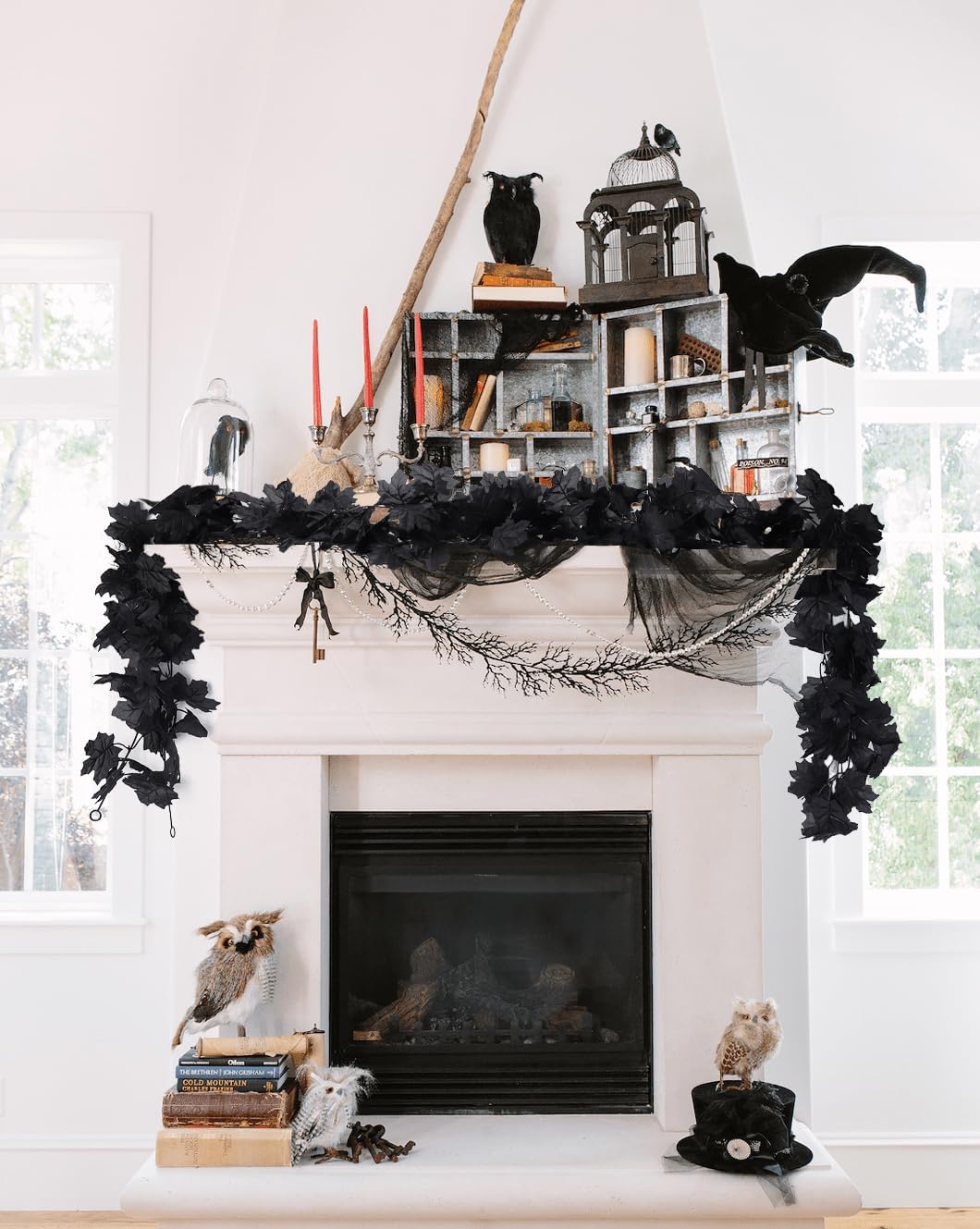 Halloween Garland Decor Indoor Table Decorations Fall Wall Hanging Artificial Black Maple Leaf Vine Decorations for Home (4 Pcs Black Maple Leaf, Set)