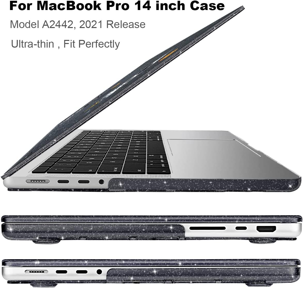 Case Compatible with MacBook Pro 14 inch 2026-2021 M5 M4 M3 M2 M1 Pro/Max Chip, Glitter Black Printed Plastic Hard Shell Case with Keyboard Cover, Screen Protector, Astronauts & Spacecraft