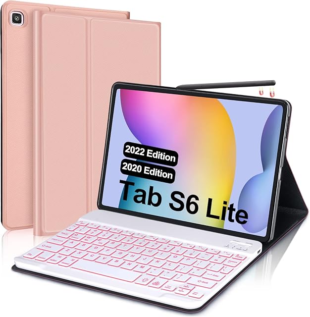 IVEOPPE Keyboard Case for Samsung Galaxy Tab S6 Lite 10.4'' 2022/2020,7 Colors Backlit Bluetooth Keyboard with Smart Folio Cover for Galaxy Tab S6 Lite [SM-P613/P619/P610/P615],Rose Gold