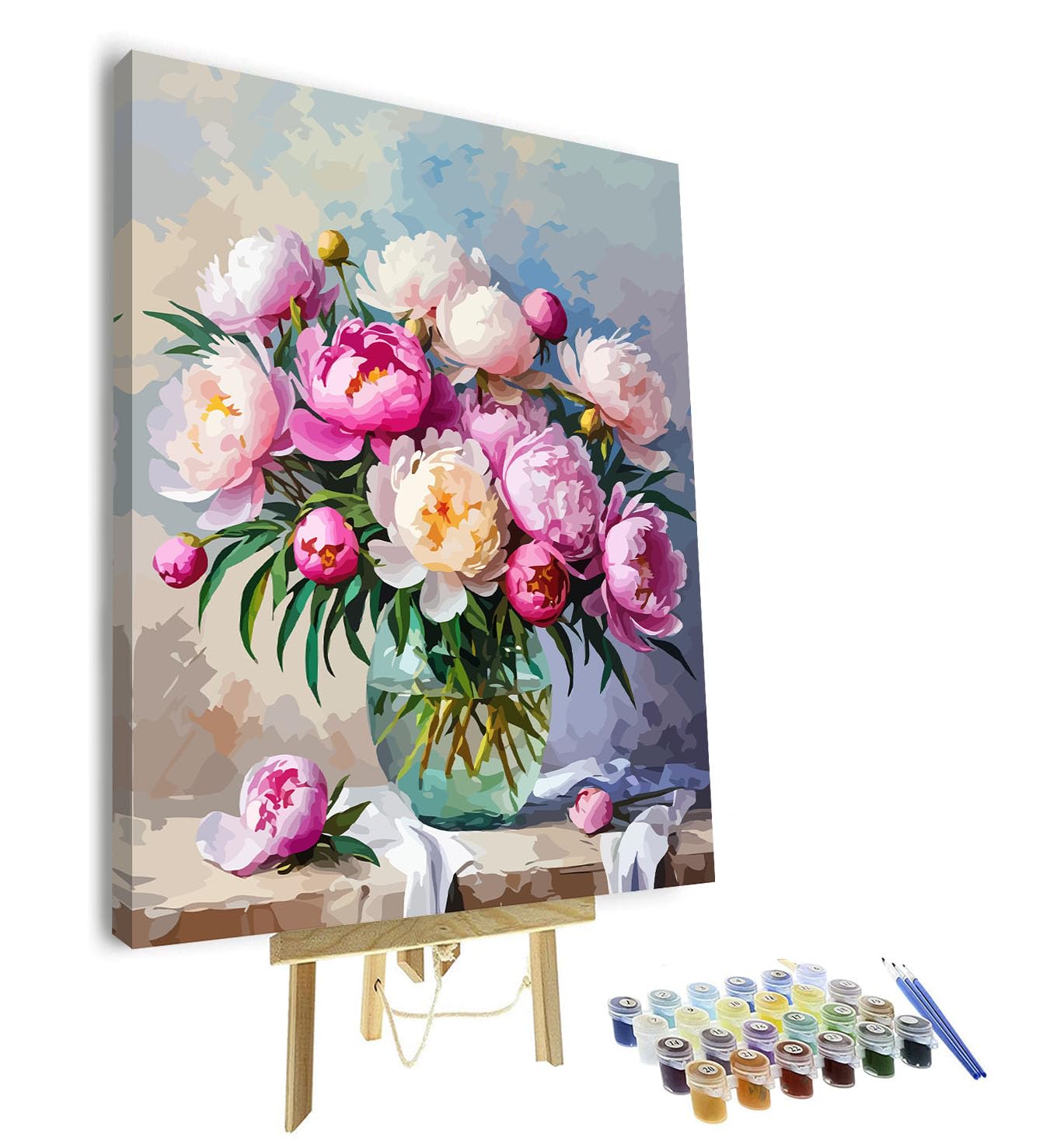 TISHIRON Paint by Numbers Kit for Adults & Adult Paint by Number - Blooming Pink Peonies Botanical Canvas Art, Beginner Floral DIY Painting, Relaxing Arts and Crafts Kit - 16x20 Inch, Framed