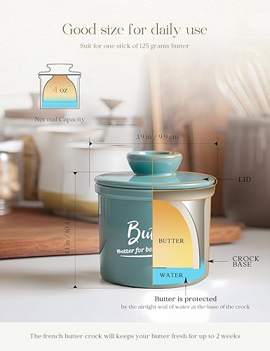 Miniatura 3 de Mantequilla de cerámica con agua para encimera, mantiene la mantequilla suave y fresca durante 2 a 5 semanas, mantequilla con tapa y cuchillo para