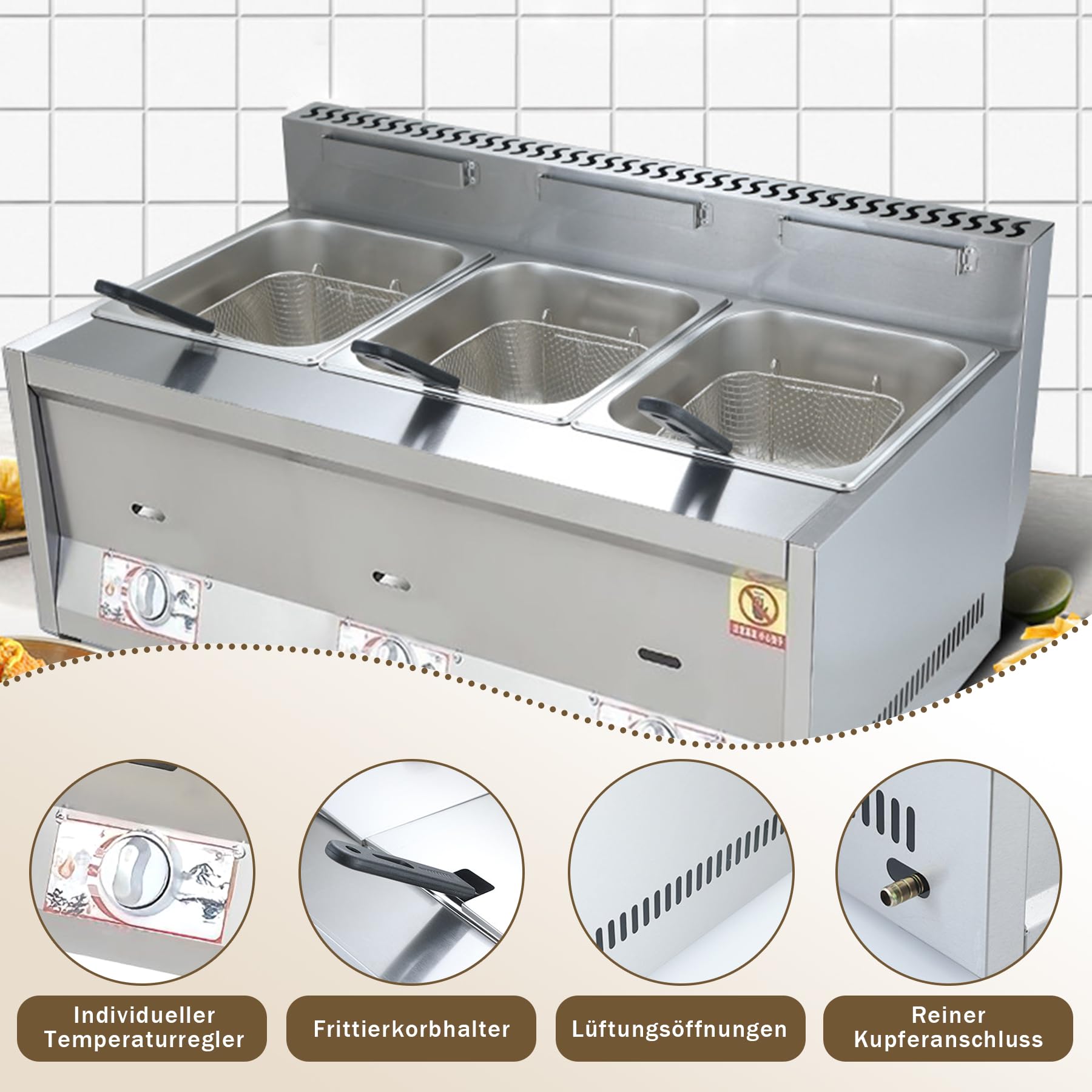 Friggitrice a Gas 16L Acciaio Inossidabile Friggitrice a Gas Professionale Deep Fryer con Coperchio, Cestello Friggere da Banco Patatine Fritte, Ciambelle, Ristoranti, Snack bar, Casa