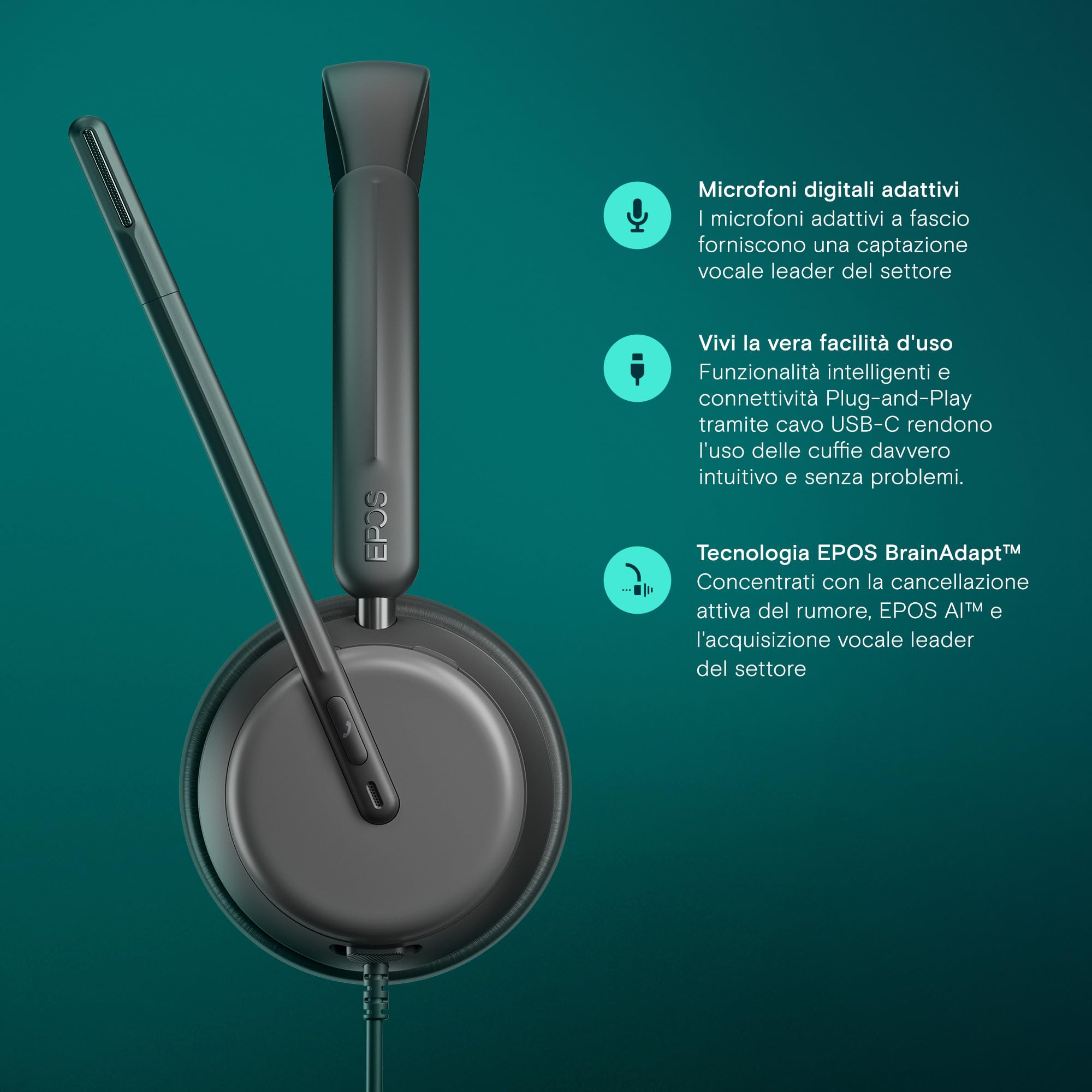 EPOS IMPACT 860T ANC Cuffie con Cavo Doppio Padiglione e Active Noise Cancelling, Certificato Teams, USB-C e USB-A, Super Wideband Audio, Ottime per Chiamate, Zoom, Ufficio, Casa e Lavoro Ibrido