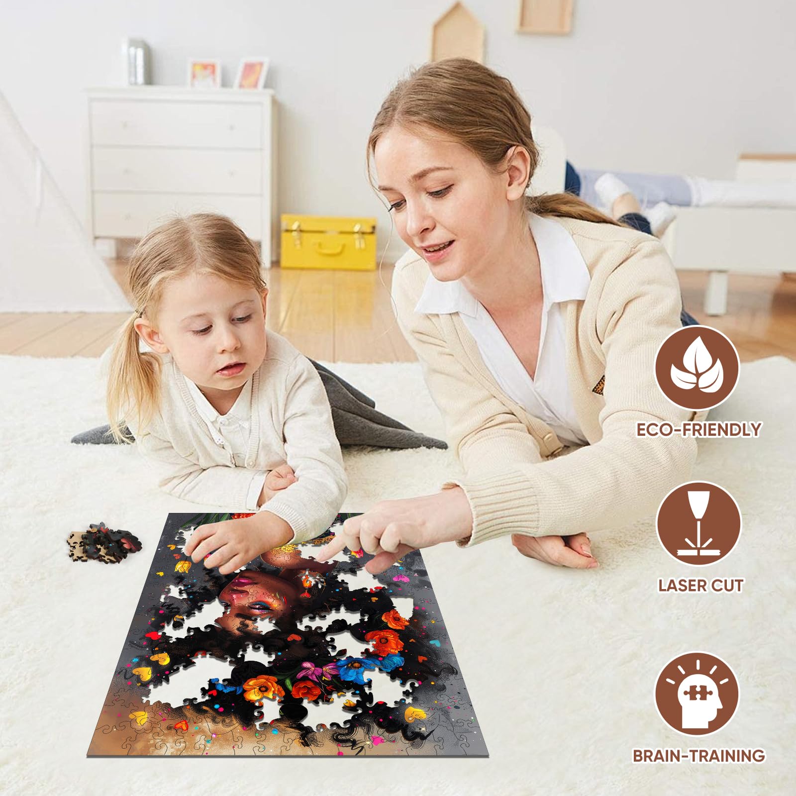 MYS A·U·R Magnifique puzzle en bois afro-américaine pour adultes, motif floral afro tendance, puzzle en bois de fleur de forme unique, 200 pièces, 30,5 x 24,4 cm, cadeau d'anniversaire, jeu familial