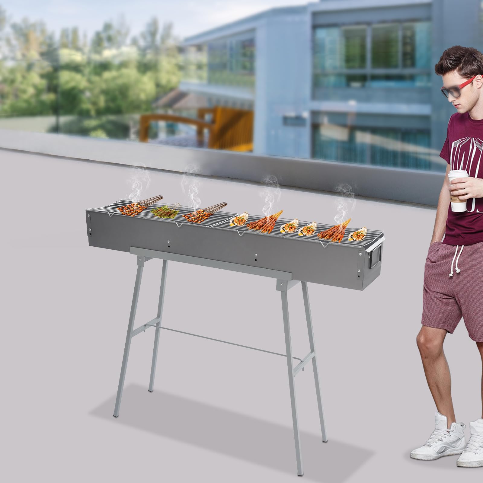 Grill na węgiel drzewny, kempingowy, składany, przenośny grill do użytku na zewnątrz, do ogrodu i na piknik (100 x 18 cm)