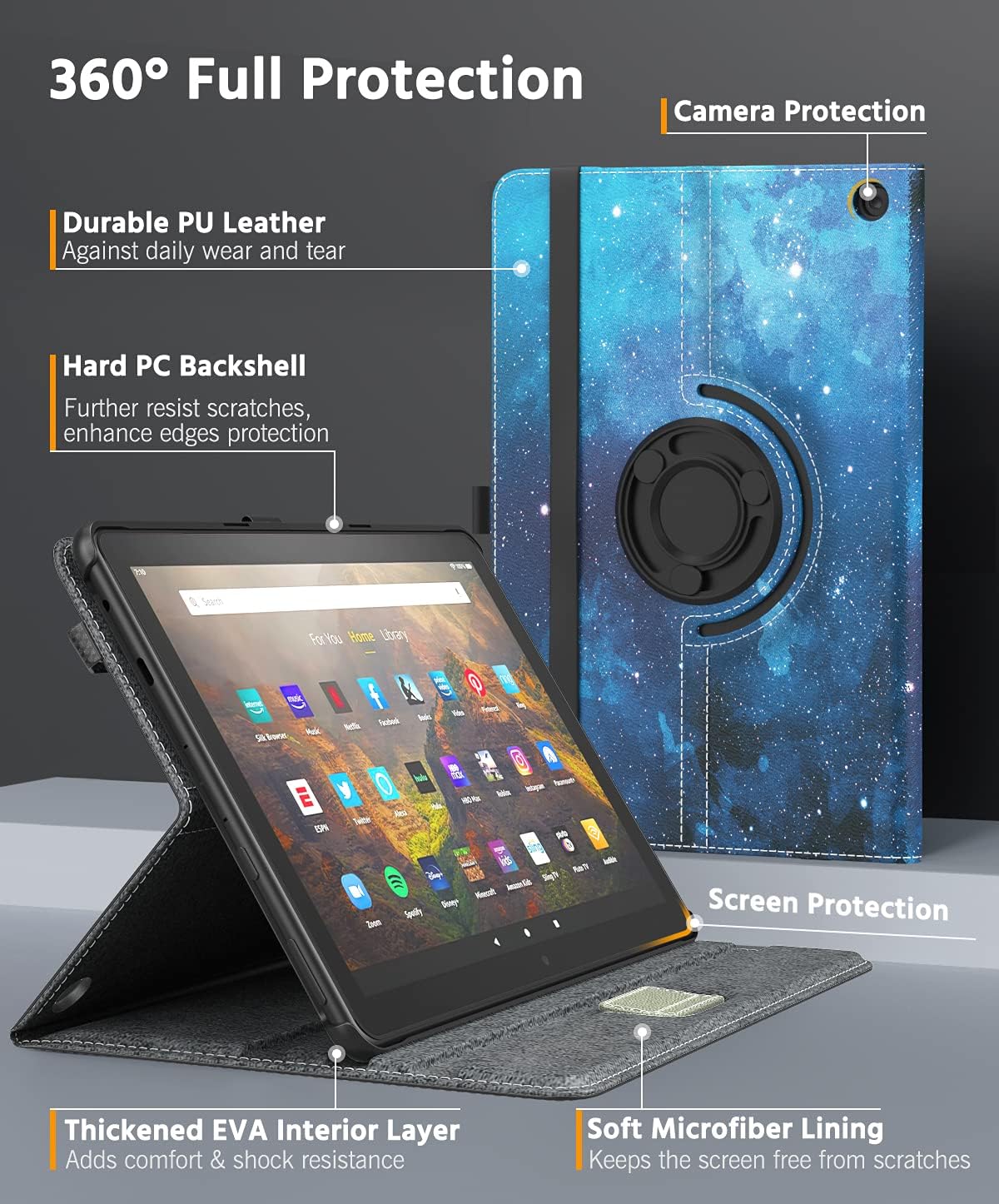 MoKo Case Fits All-New Kindle Fire HD 10 & 10 Plus Tablet (11th Generation, 2021 Release) 10.1", 90 Degree Rotating Swivel Leather Cover Case with Auto Wake/Sleep for 10.1 inch Tablet, Blue Sky Star