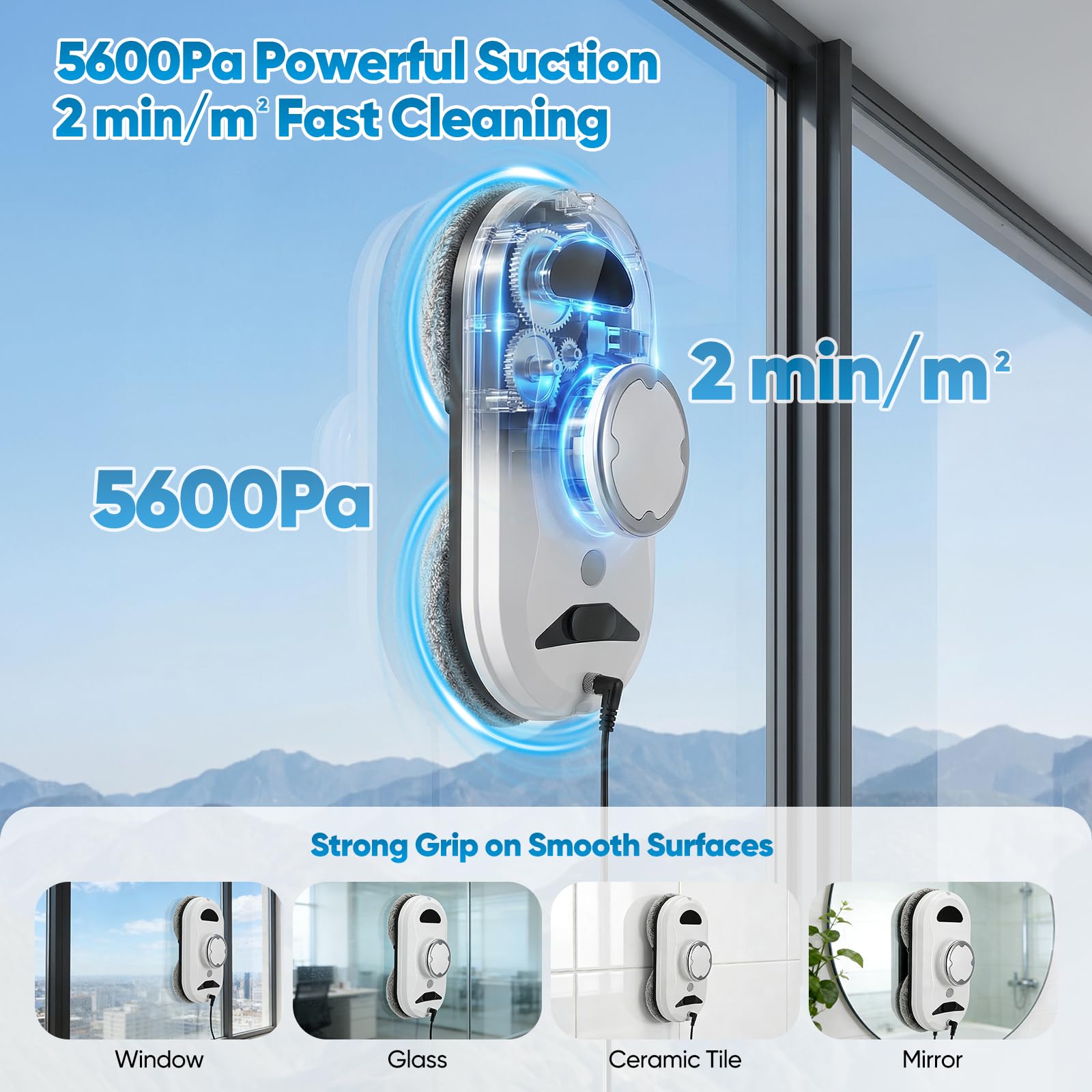 Robot lave-vitres,5600 Pa,lave-vitres automatique avec système de sécurité,navigation intelligente,télécommande,détection des bords,nettoyants pour vitres adaptés à toutes les surfaces lisses