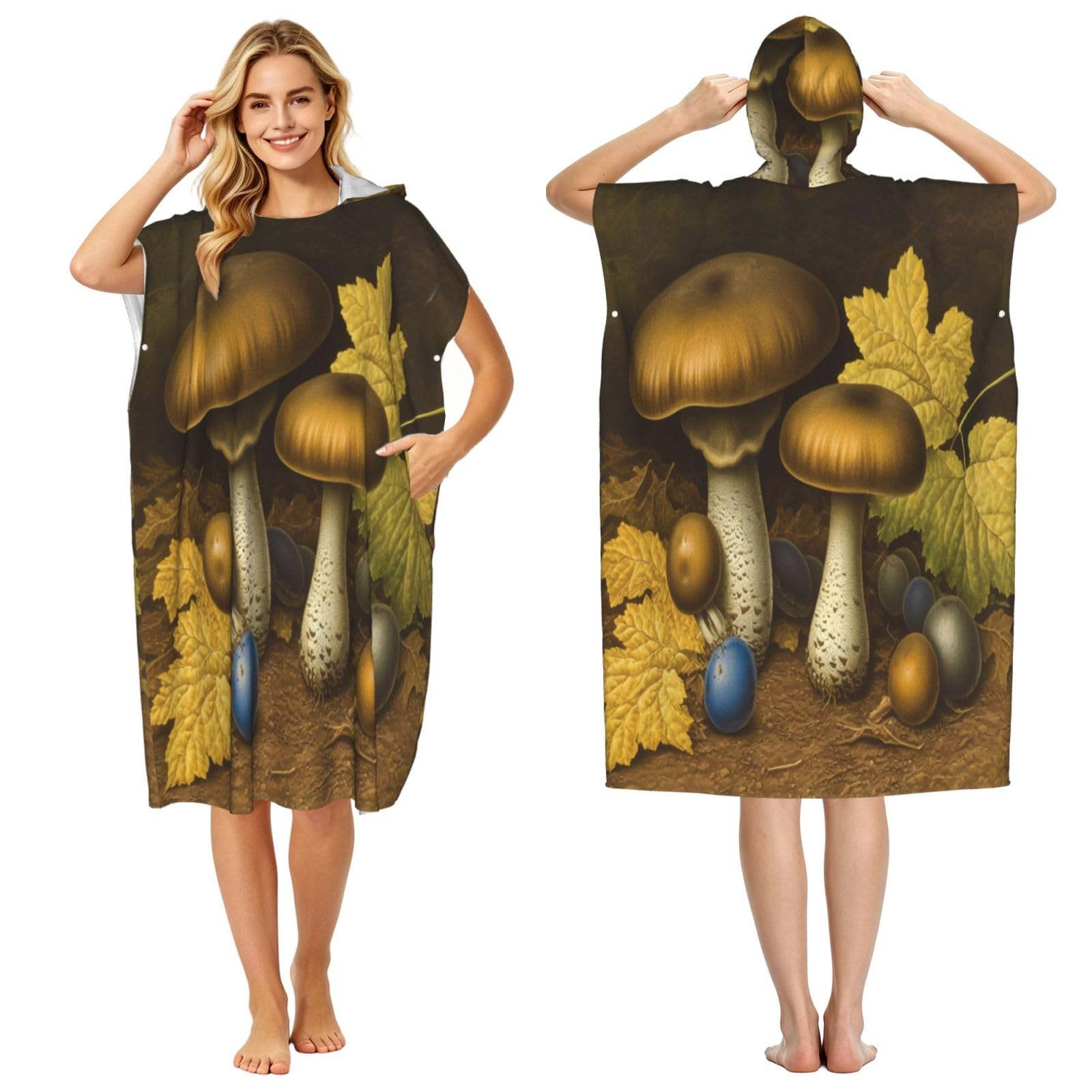 DTHKJNLSF Mushrooms And Fallen Leaves Adult Hooded Beach Poncho Towel