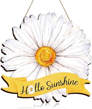 Yookeer Summer Daisy Door Sign Hello Sunshine Daisy Wreath for Front Door Hanger Wooden Summer Flower Decorations Rustic Floral Welcome Hanging Sign for Home Wall Window Indoor Outdoor Porch Decor