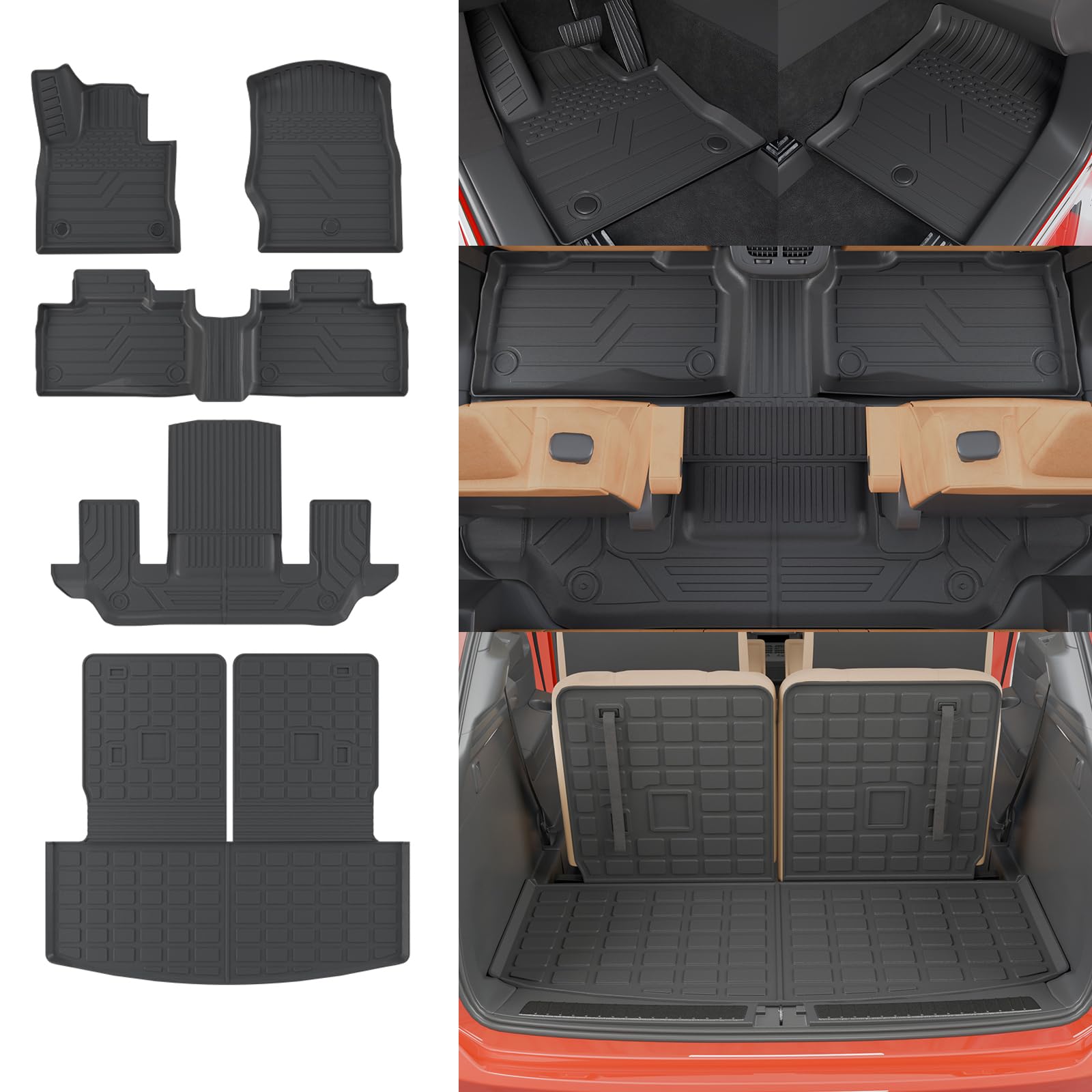 Rongtaod 6 Seats Floor Mats Compatible with 2020-2025 2026 Ford Explorer Captain Chairs Trunk Liner Cargo Liner Cargo Mat 2024 Explorer Accessories (Floor Mats+Trunk Mat with Backrest Mat)