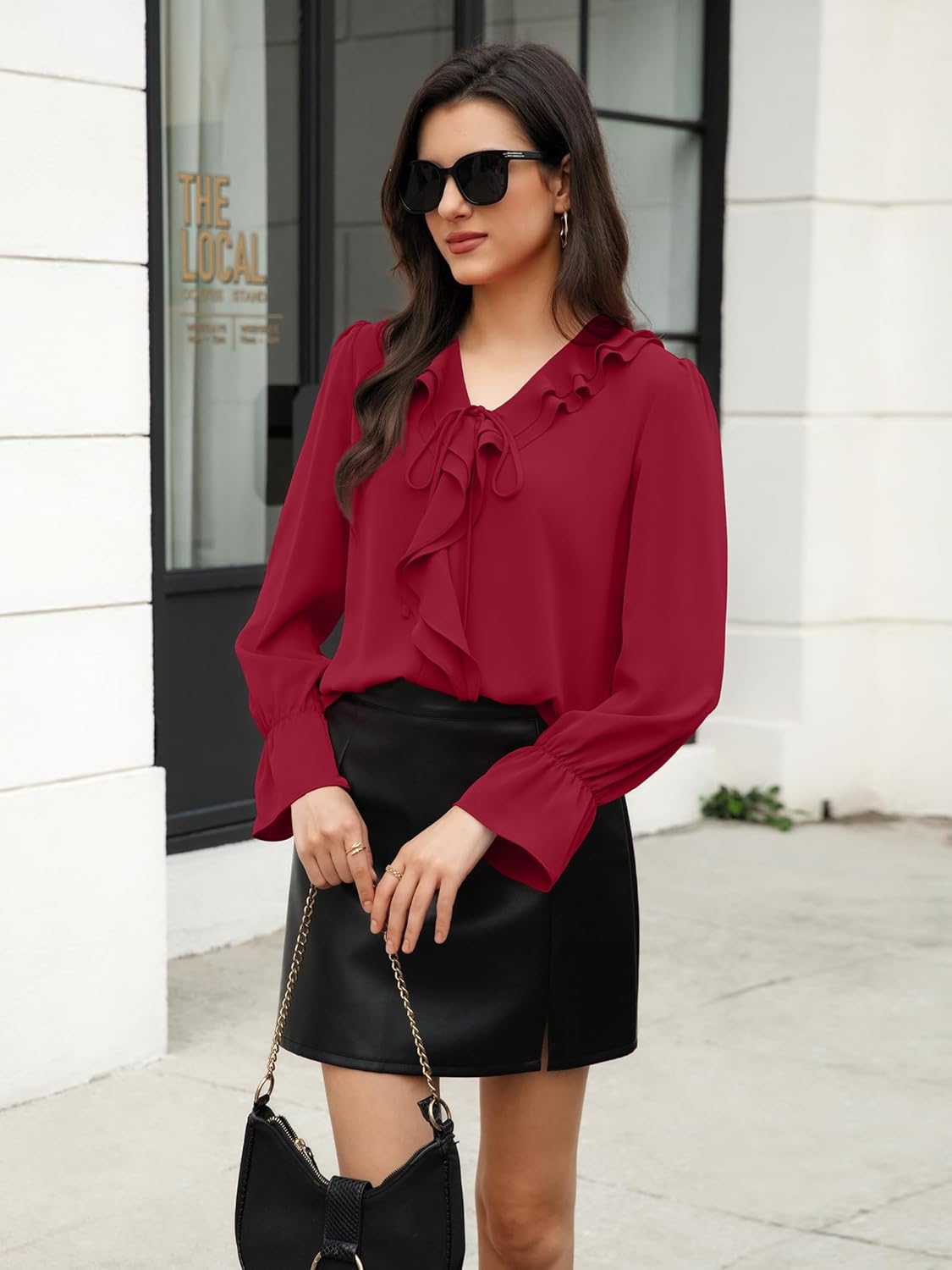 Funlingo Women's Long Sleeve Tops Dressy Casual V Neck Ruffle Tunic Chiffon Blouse Fall Trendy Work Shirts - Image 6