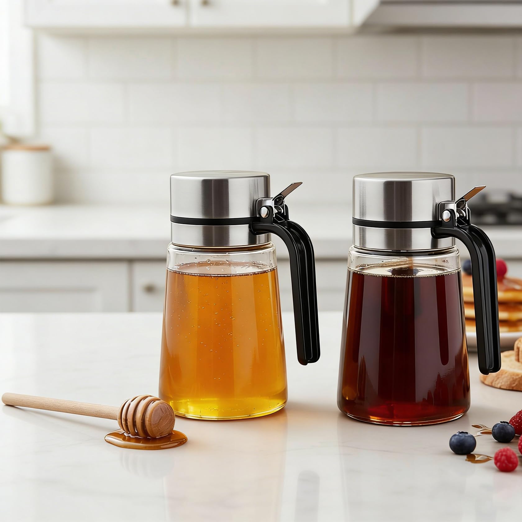 Honigspender 14 oz / 400 ml Glas, 2er Pack Syrup Dispenser, No-Drip Honigglas für Küche, Kaffee Bar und Teestation, Küchenzubehör für Honig, Zucker, Sirup