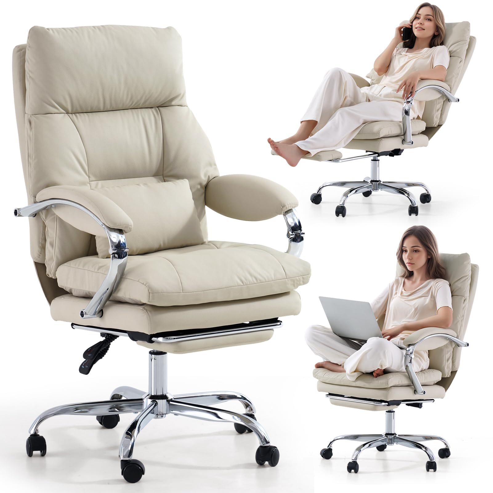 LEAGOO White Office Chair with Foot Rest Ergonomic Chair with Lumbar Support High-back Swivel Armchair for Home Office Desk 155° Recline PU Leather Heavy Duty Use - Business & Home Workspace