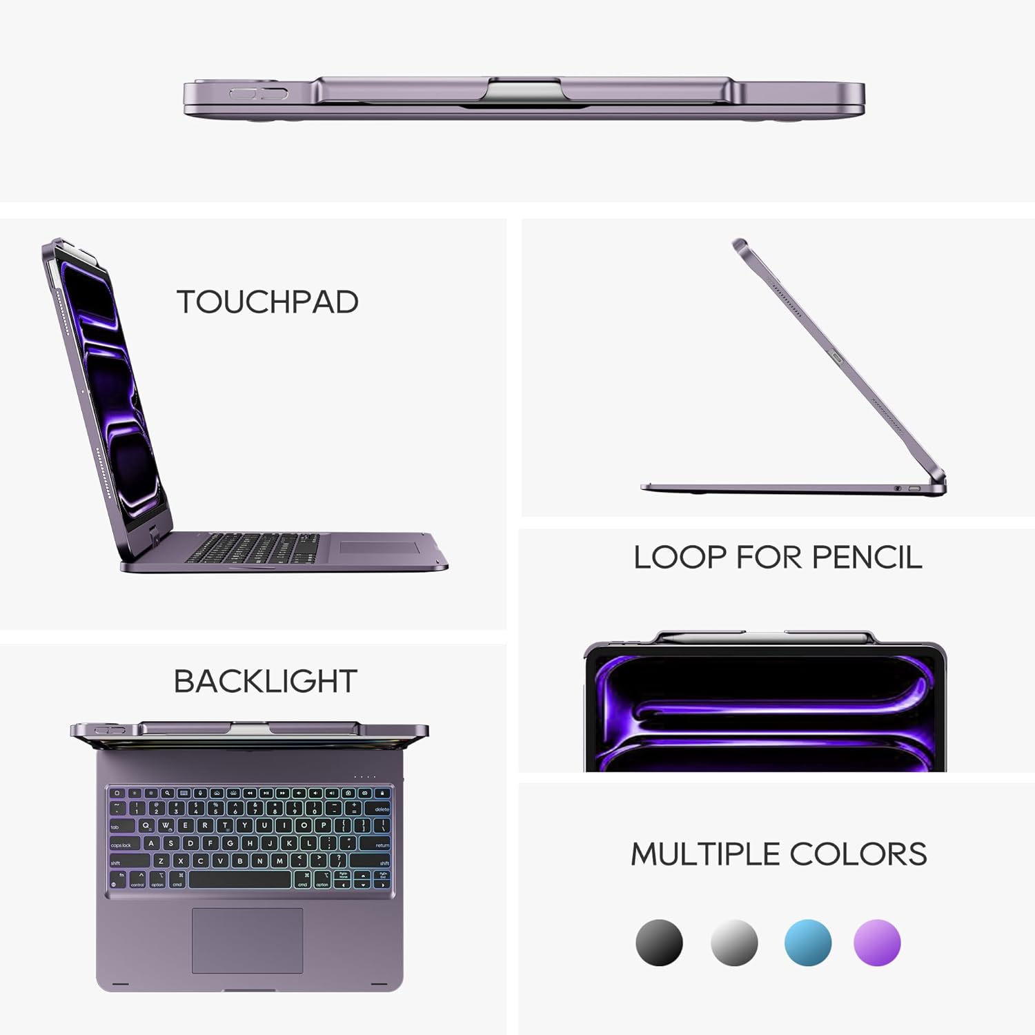 Swivel Keyboard Case for Apple 2025 iPad Air 13-inch (M3-M2), iPad Pro 13 inch M4 2024, iPad Pro 12.9-inch (6th-3rd Gen); Rotatable Cover with Pencil Holder, Trackpad, Backlit, Purple