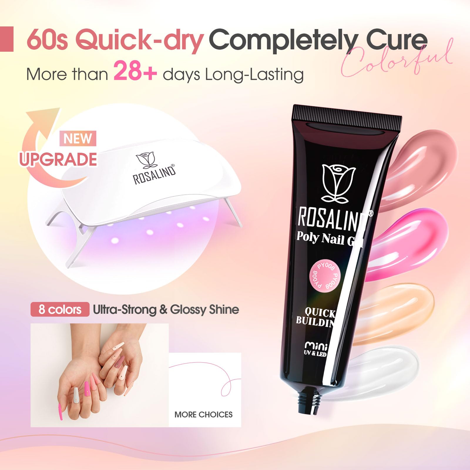 ROSALIND Gel Unghie Ricostruzione Kit Completo, 8pcs 10ml Poligel con Base & Top Coat, Lampada UV e Strumenti, per Fai Da Te a Casa, Professionale Salone, Kit Unghie Gel Nail Art