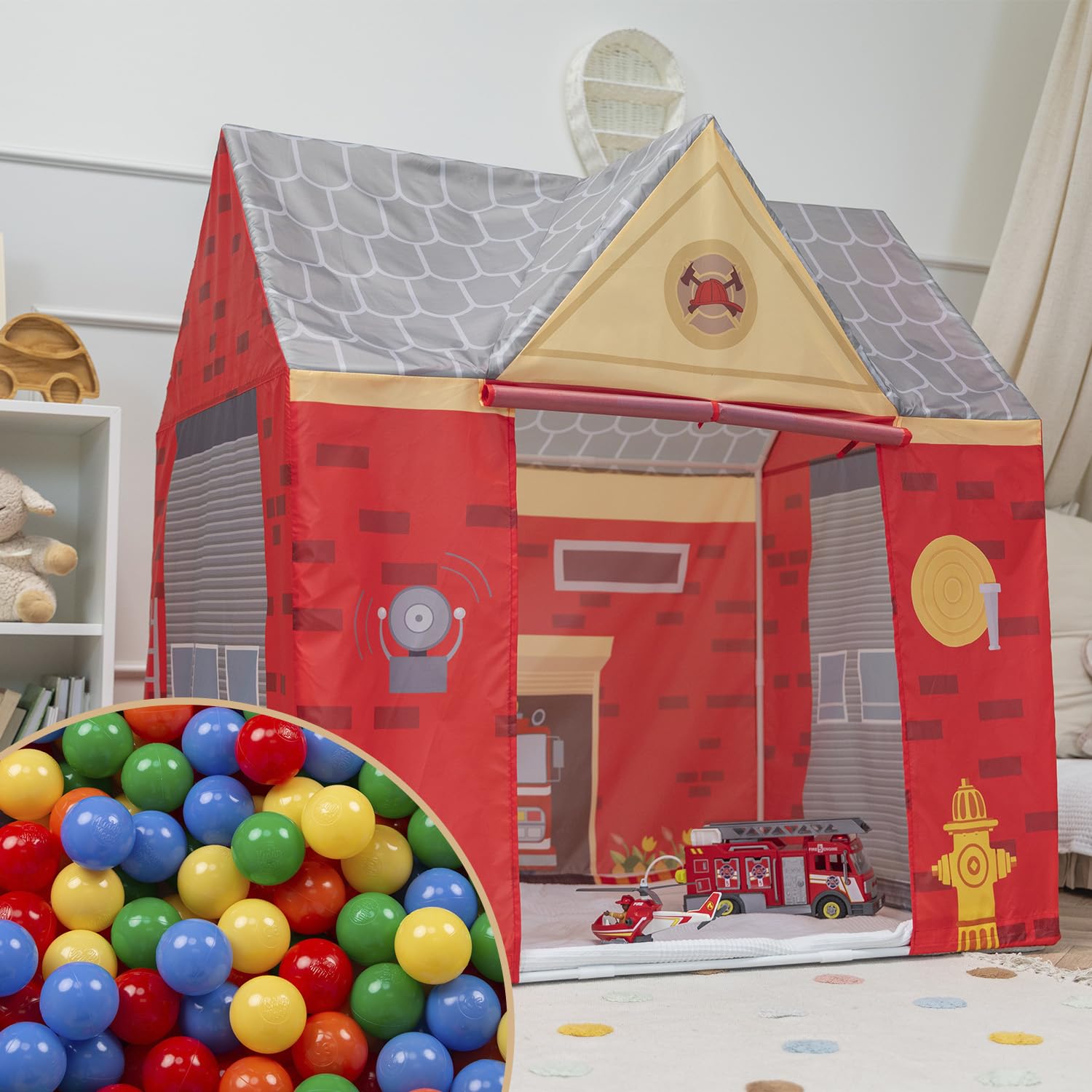 Selonis Playhouse Play Tent For Kids With 600 Balls Fire Station Durable And Creative Adventure Space Realistic Fire Truck Details Easy Assembly For Indoor And Outdoor