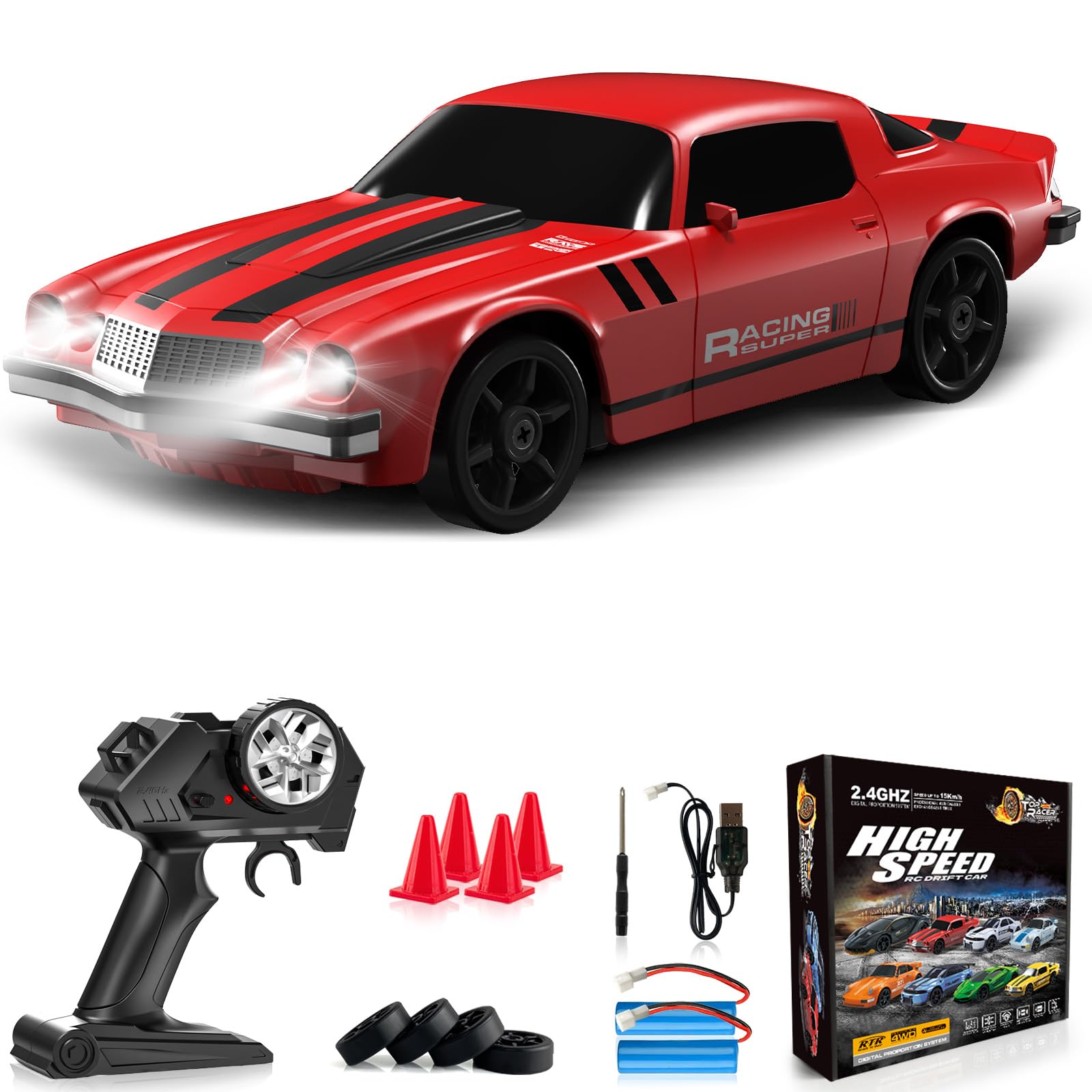 Remote Control Car RC Drift Car 2.4GHz 1:24 4WD 15KM/H High Speed Racing Sport Car with LED Lights Drifting Tire Racing Sport Toy for Adults Boys Girls Kids Gift 2Pcs Rechargeable Batteries