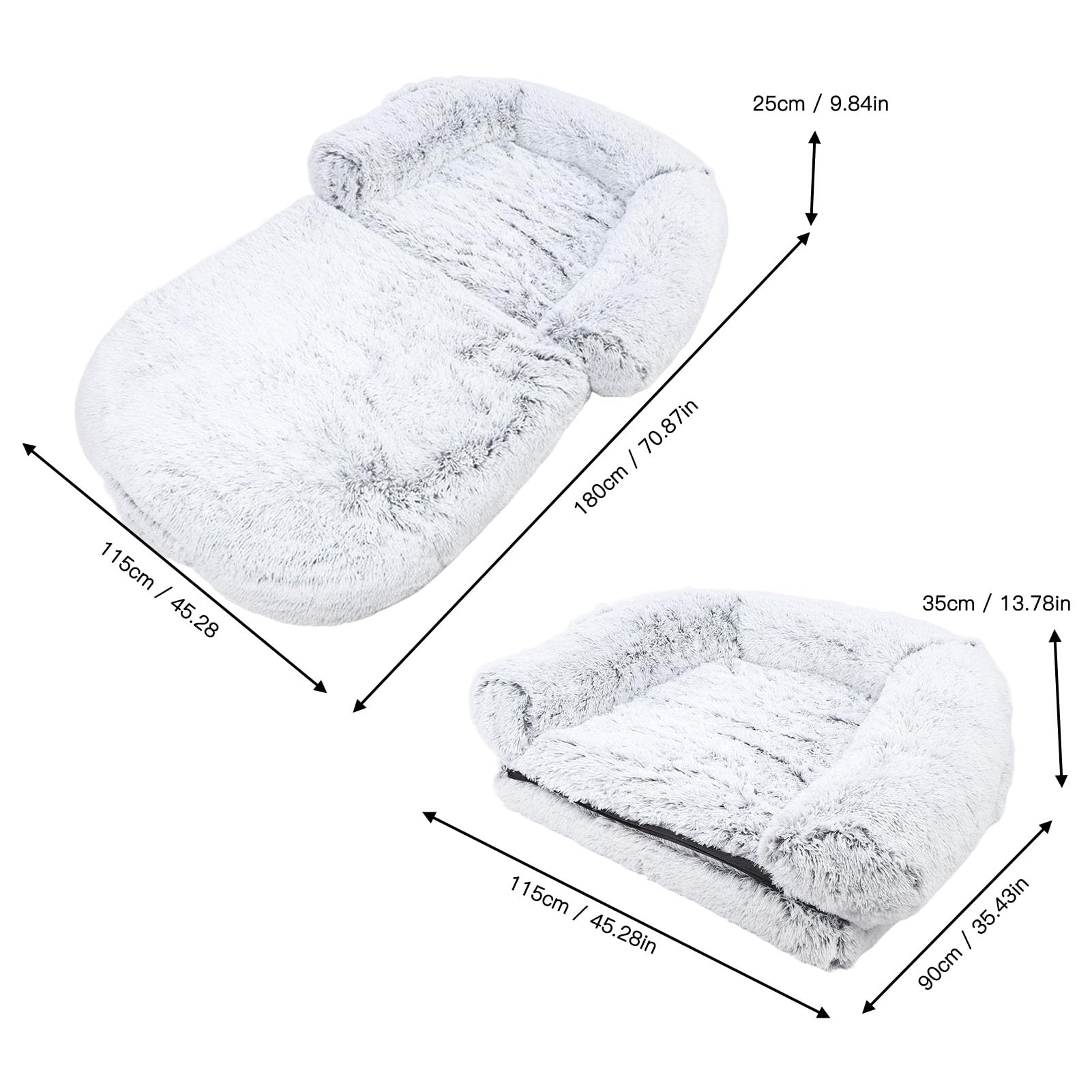 Faltbares Hundebett für menschliche Hunde, tragbar, 2-in-1, riesiges Bett für beruhigende Hunde in menschlicher Größe, 180 x 119,2 x 24,9 cm, Schlafsofa aus Kunstpelz in menschlicher Größe