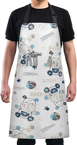 Miniatura 4 de Delantales de hipopótamo de dibujos animados para mujeres y hombres con bolsillos, delantal de cocina impermeable, ajustable, para cocina,