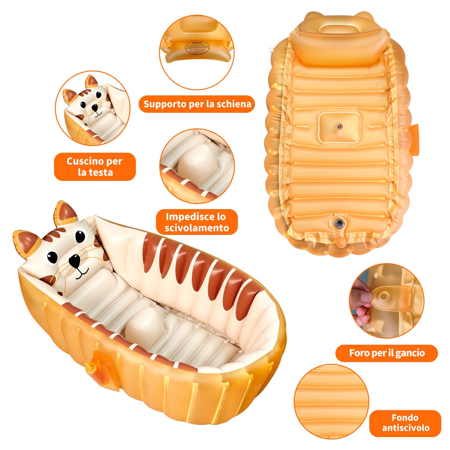 Boczif Vaschetta Bagnetto Neonato, Bagnetto Neonato, Piscina Gonfiabile Bambini, Vasca da Bagno Pieghevole,Vaschetta Bagnetto Bambini 1-3 anni 90 x 55 x 30 cm (Arancione)