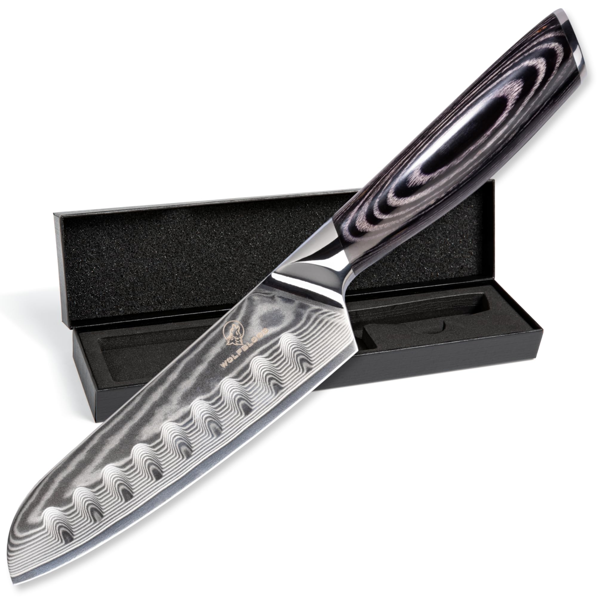 Wolfblood PRO Damastmesser Santoku Messer L (23cm) TÜV geprüfter 62 HRC Damaststahl aus 67 Lagen I Damast-Küchenmesser Santokumesser mit Holzgriff Geschenkbox und Klingenschutz