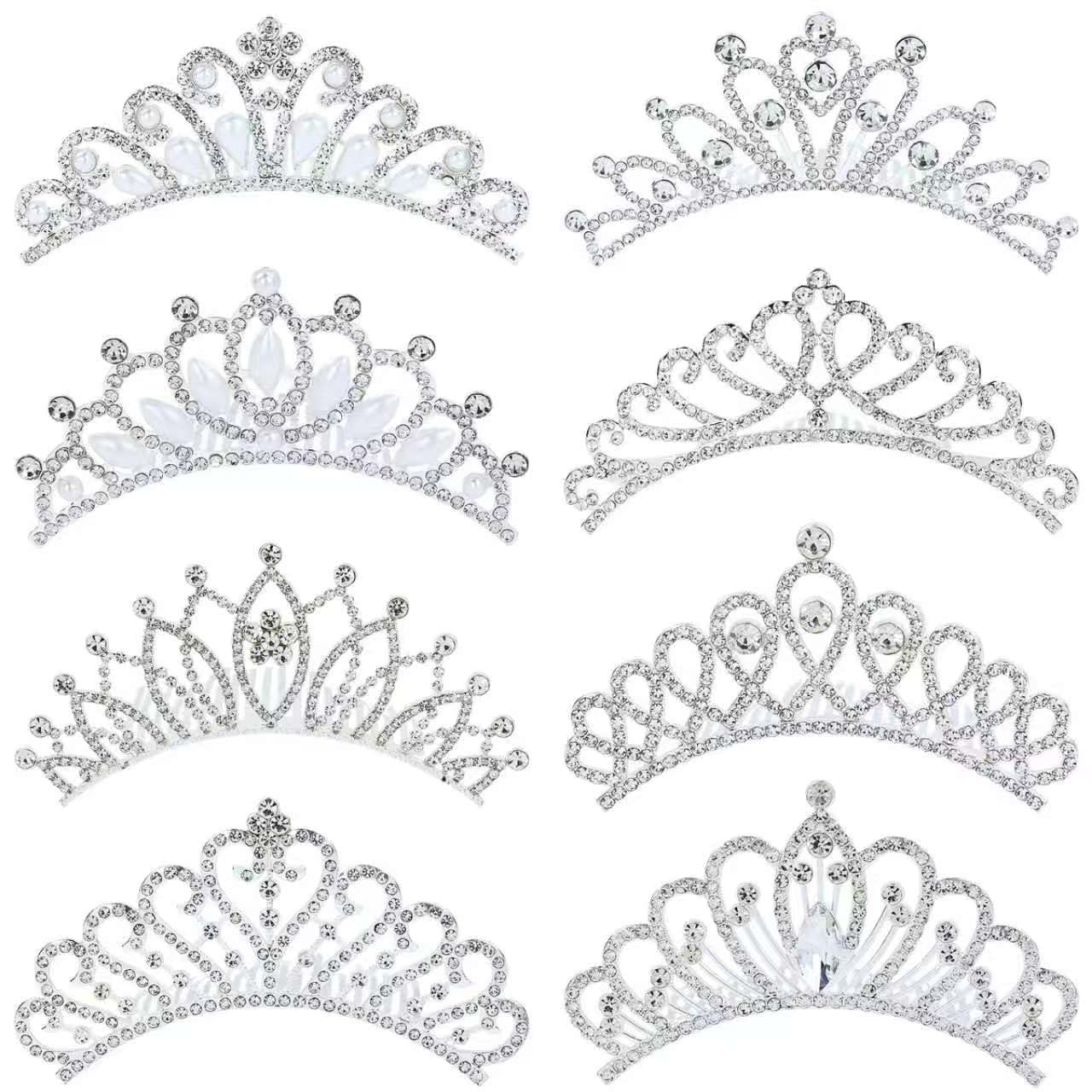 Cinaci 8 Pieces Decorative Wedding Birthday Party Prom Princess Dazzling Pearl Rhinestone Silver Metal Tiara Crown Hair Side Combs Slides Hair Accessories for Women