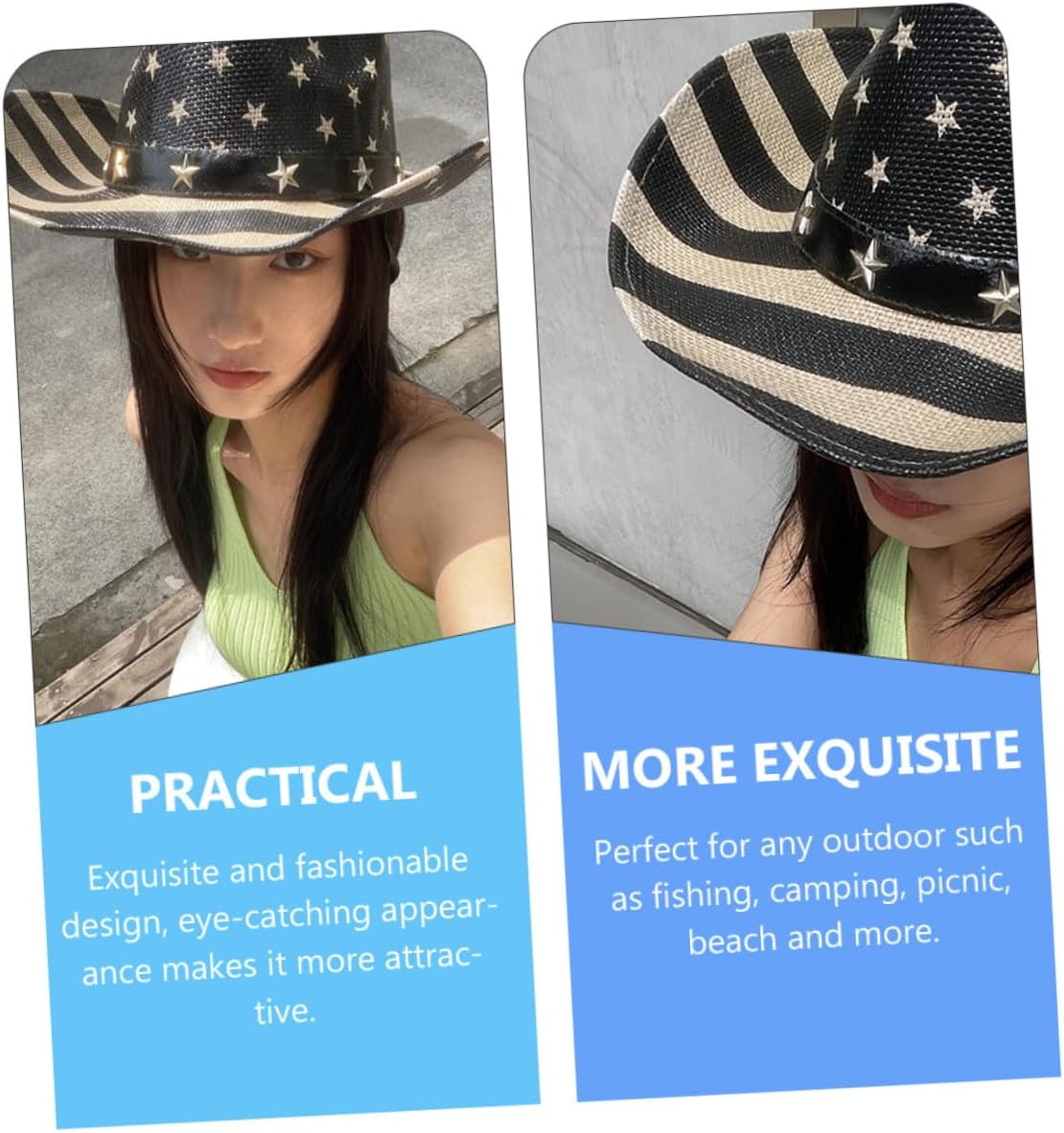 American Flag Cowboy Hat Wide Brim Straw Hat Unisex Vintage Western Patriotic 4th of July Independence Day Party Headwear Black