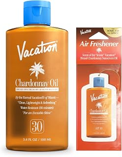 Vacation Chardonnay Oil SPF 30 & Air Freshener Bundle - Hydrating Travel Sunscreen, Lightweight, Transparent, 3.4oz