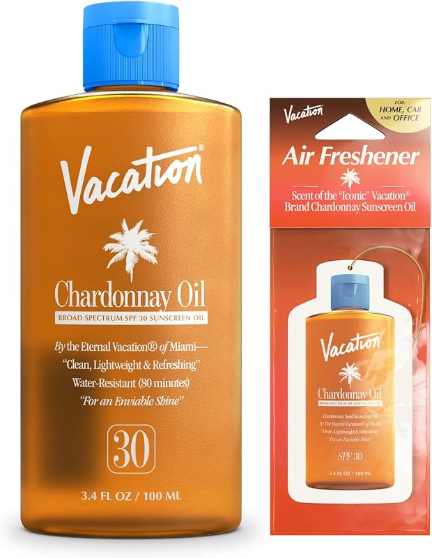 Vacation Chardonnay Oil SPF 30 Sunscreen Oil and Air Freshener Bundle | 3.4 Fluid Ounces. Hydrating, Lightweight, Reef Safe, Transparent on All Skin Tones, Tanning Glow, Vegan