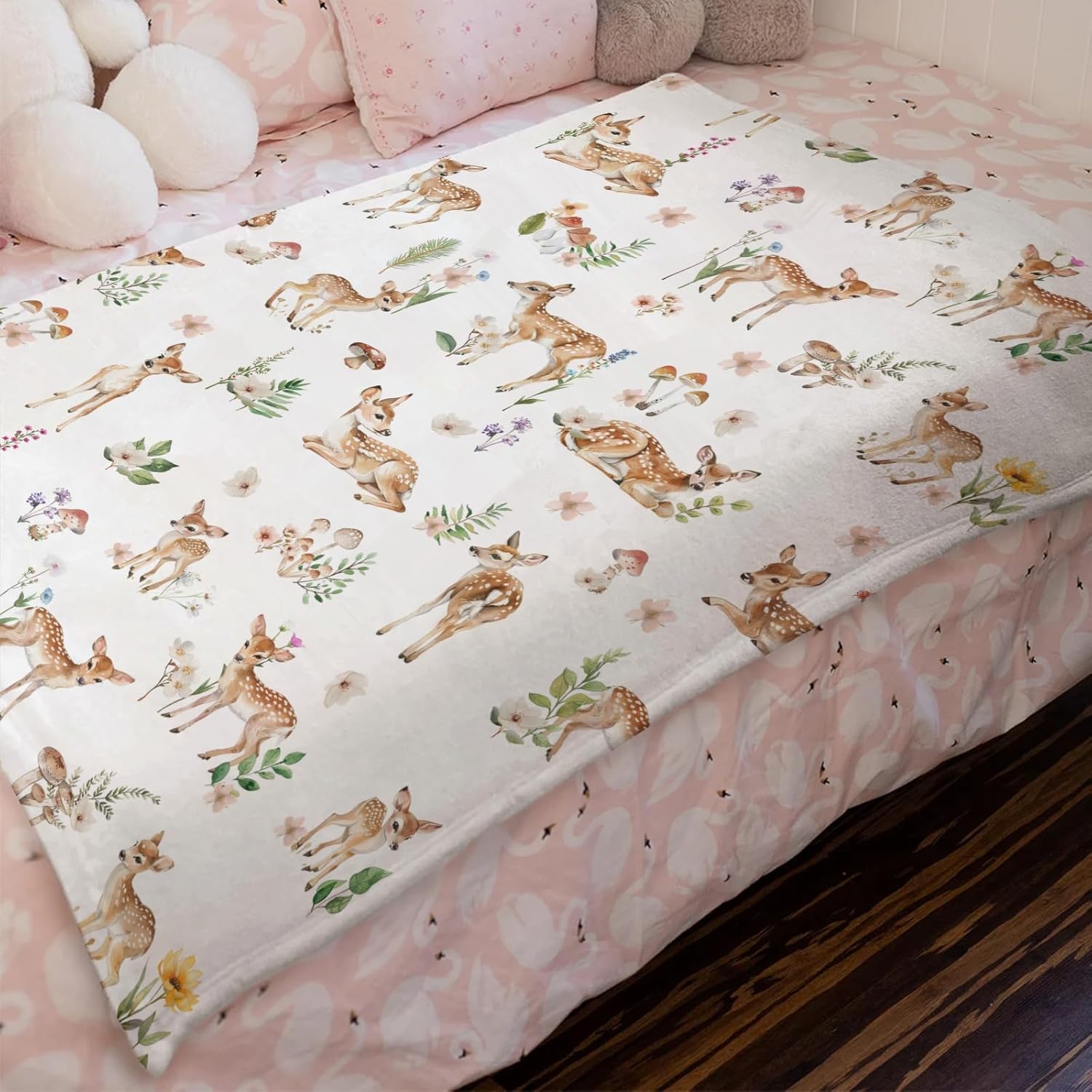 Spring Animal Baby Blanket for Boy Girl Deer Mushroom Flowers Leaves Forest Flannel Soft Swaddle Blanket Lightweight Receiving Blanket Newborn Nursery Bed Blanket for Crib Stroller