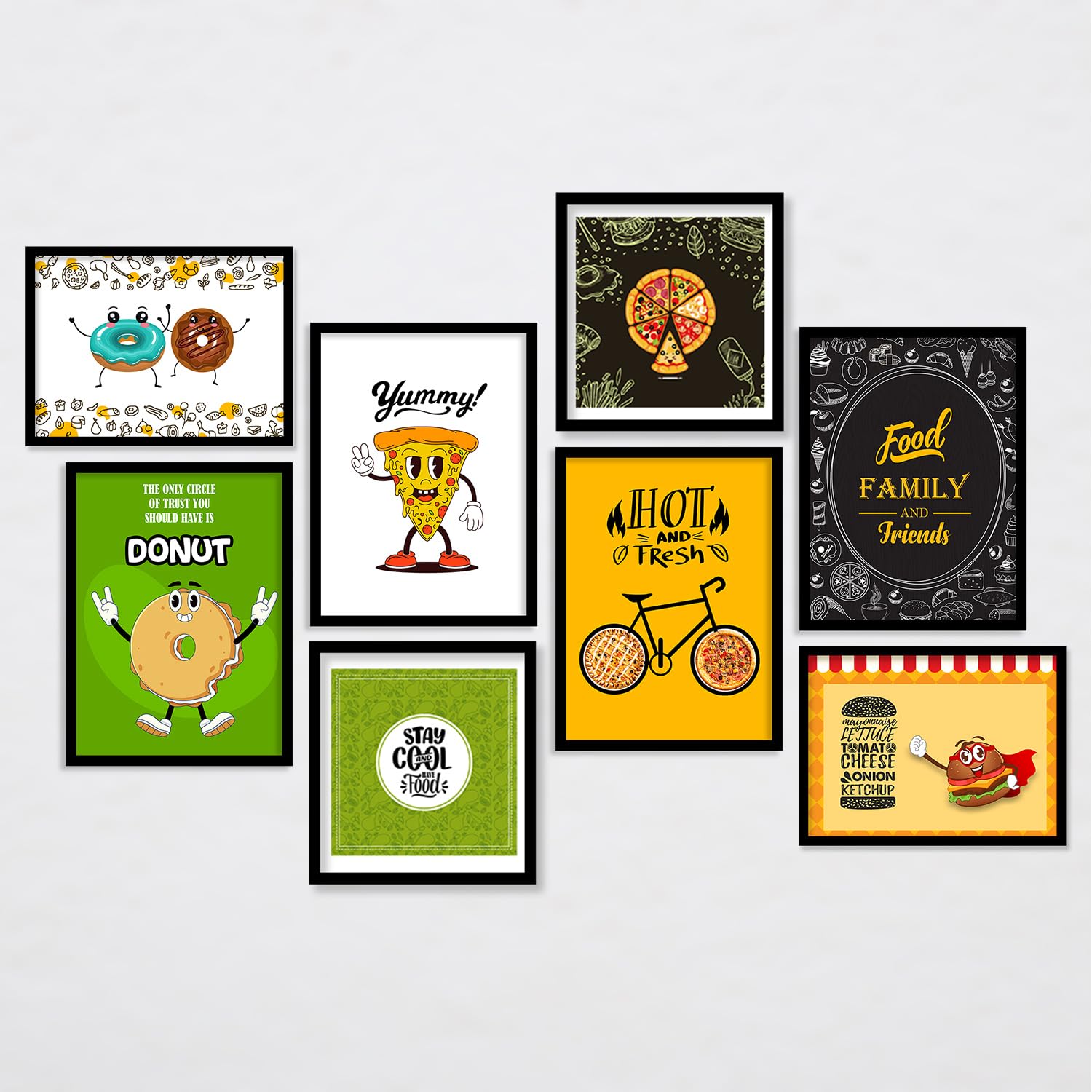 BANGERZ Food Quotes Frames for Kitchen Wall Decor, Large Wall Poster with Frame For Restaurant, Cafe, Dining Area, Bar Big Size Framed Painting (Set of 8) (Kicha 8, Medium, Framed)