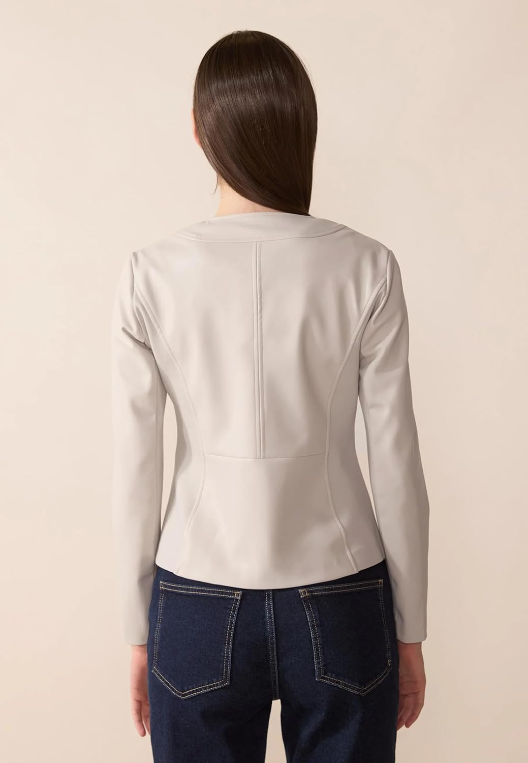 Women's Faux Leather Jacket, Round Neck, Zip Front, Long Sleeve, Beige and Black