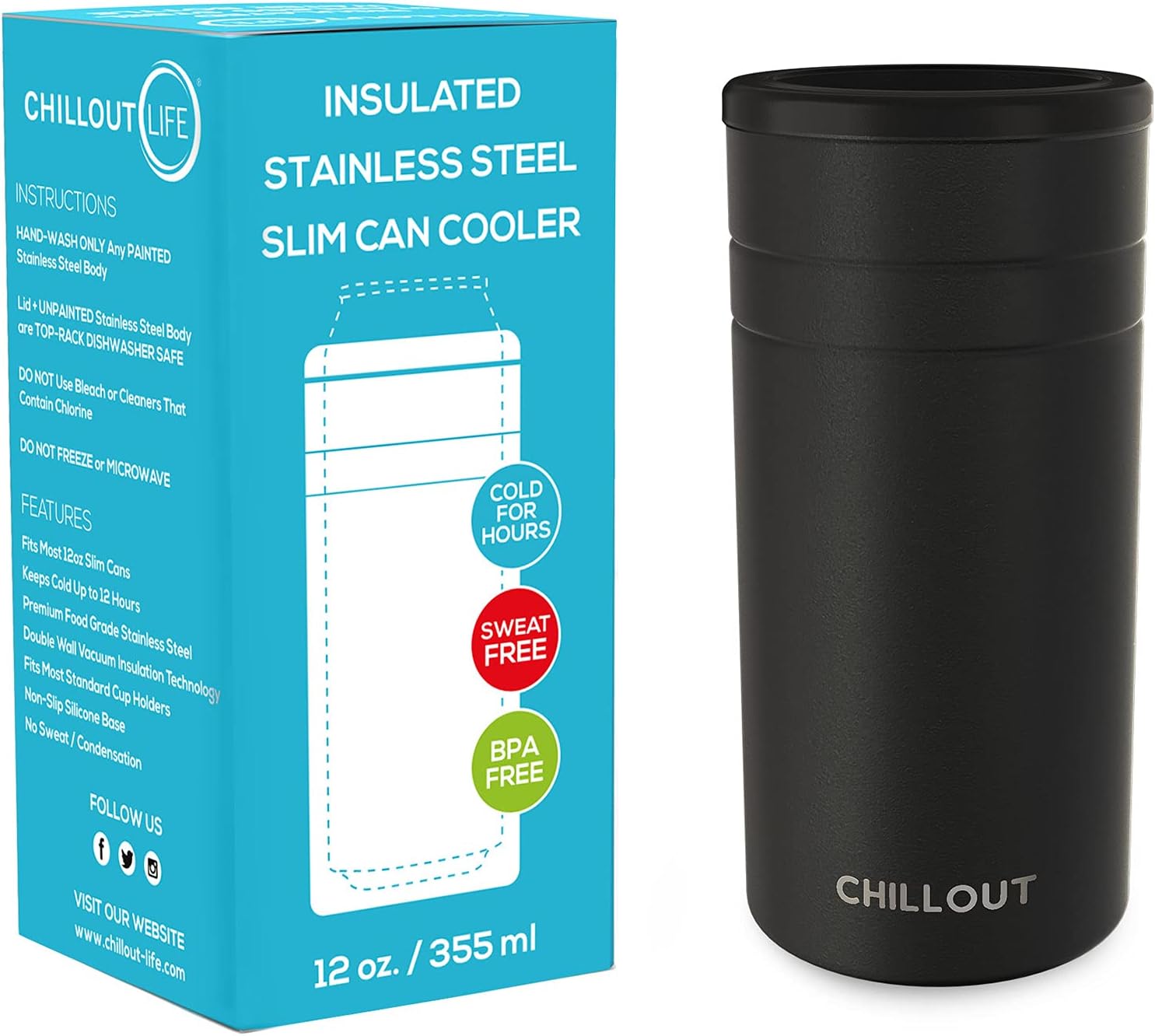CHILLOUT LIFE Skinny Can Cooler for Slim Beer & Hard Seltzer | 12oz Stainless Steel Tall Triple Insulated Can Drink Holder, Black - 1 Pack: Home & Kitchen