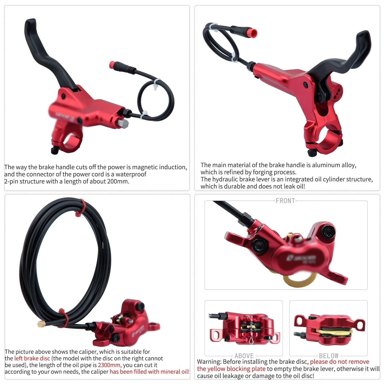 Set Freni A Disco Idraulici per E-Bike A 2 Pin E 4 Pistoncini con Rotori da 203mm Kit Freni per Mountain Bike Include Pastiglie Freno E Adattatore Anteriore/Posteriore 2300mm(Red-203mm)