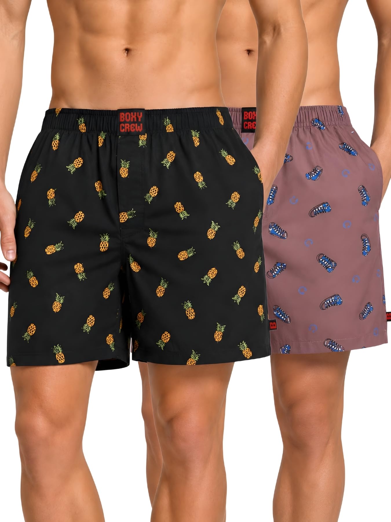 boxy crew Men Boxer Shorts Pack of 2, 100% Cotton Woven Boxers, Charcoal Grey & Mauve, Printed Designs, Dual Side Pockets, No-Marks Inner Elastic Waistband, Relaxed Fit Lounge & Sleep Shorts-picture-14