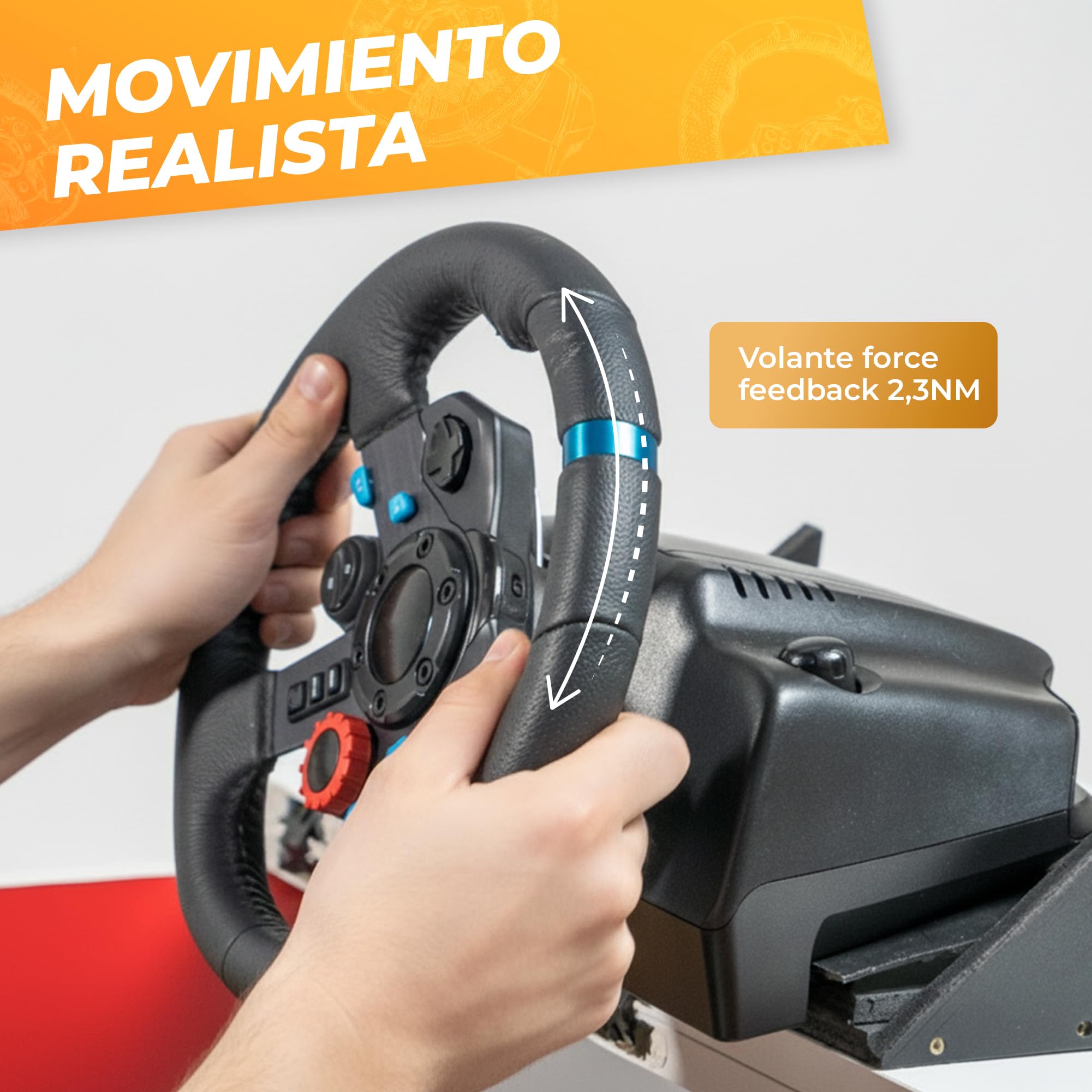 Simulador de Conducción con Volante Force Feedback (2,3NM) y Pedales Integrados en Mesa de Centro Elevable para Salón | Cockpit Gaming Compatible con PS5/PC | 79x79x47,5 cm (Blanco)